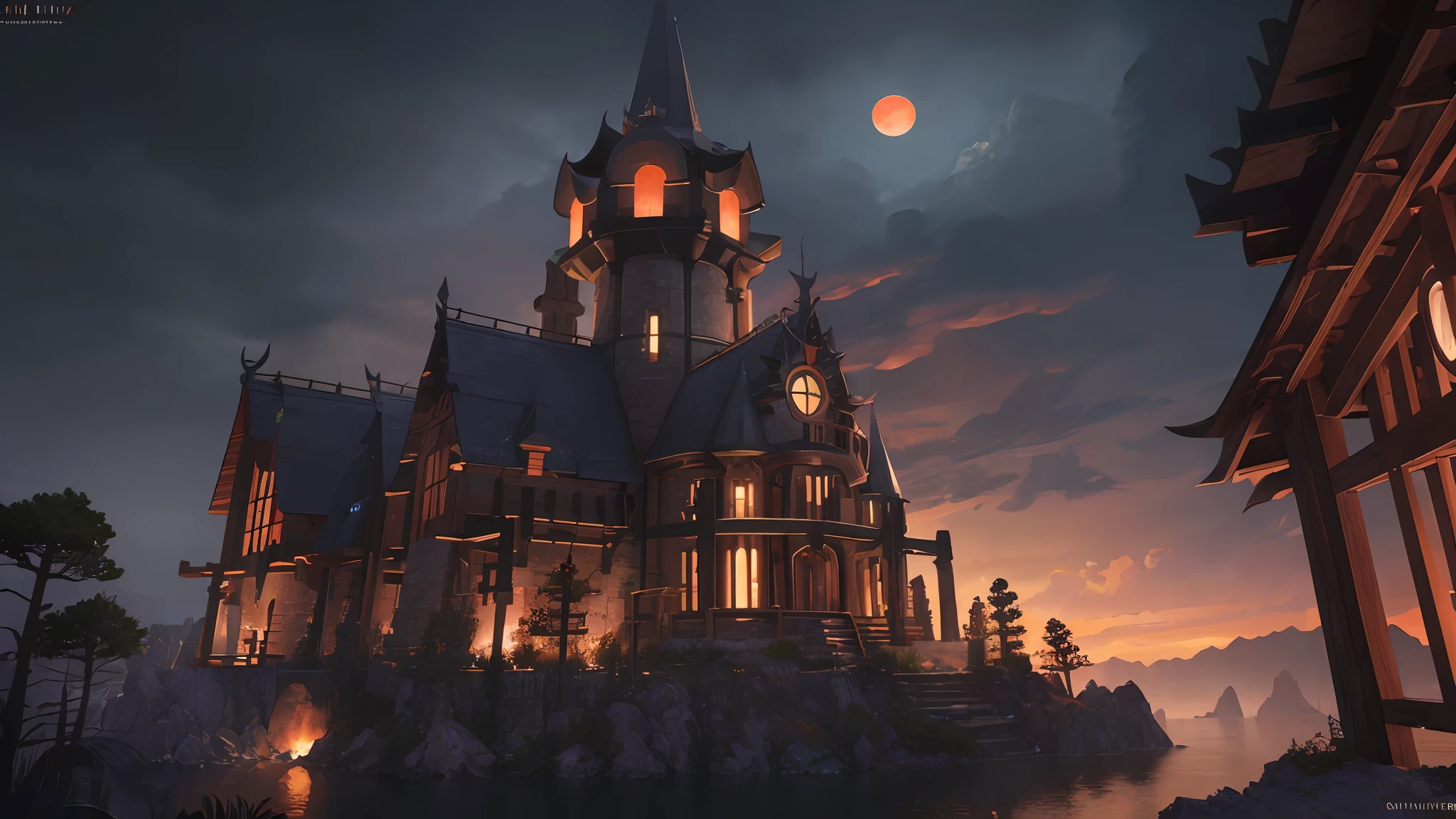 ((Masterpiece)), Best quality, High quality, ((Very detailed CG unity 8K wallpaper)), (fantasy),Dark tones, Deep black castle,Stand on the island,There is a red moon in the sky,View from a higher mountain,((giant agave titanota)), wild plants , Foxy, , Mono Lake, hackberry, 3D Digital Paintings, award winning photography, Bokeh, Depth of field, hdr, full bloom, less big breasts, color difference , Photorealistic, The is very detailed, trending on artstationh, trending on CGSociety, Intricate, high detal, dramatics, halfway art,