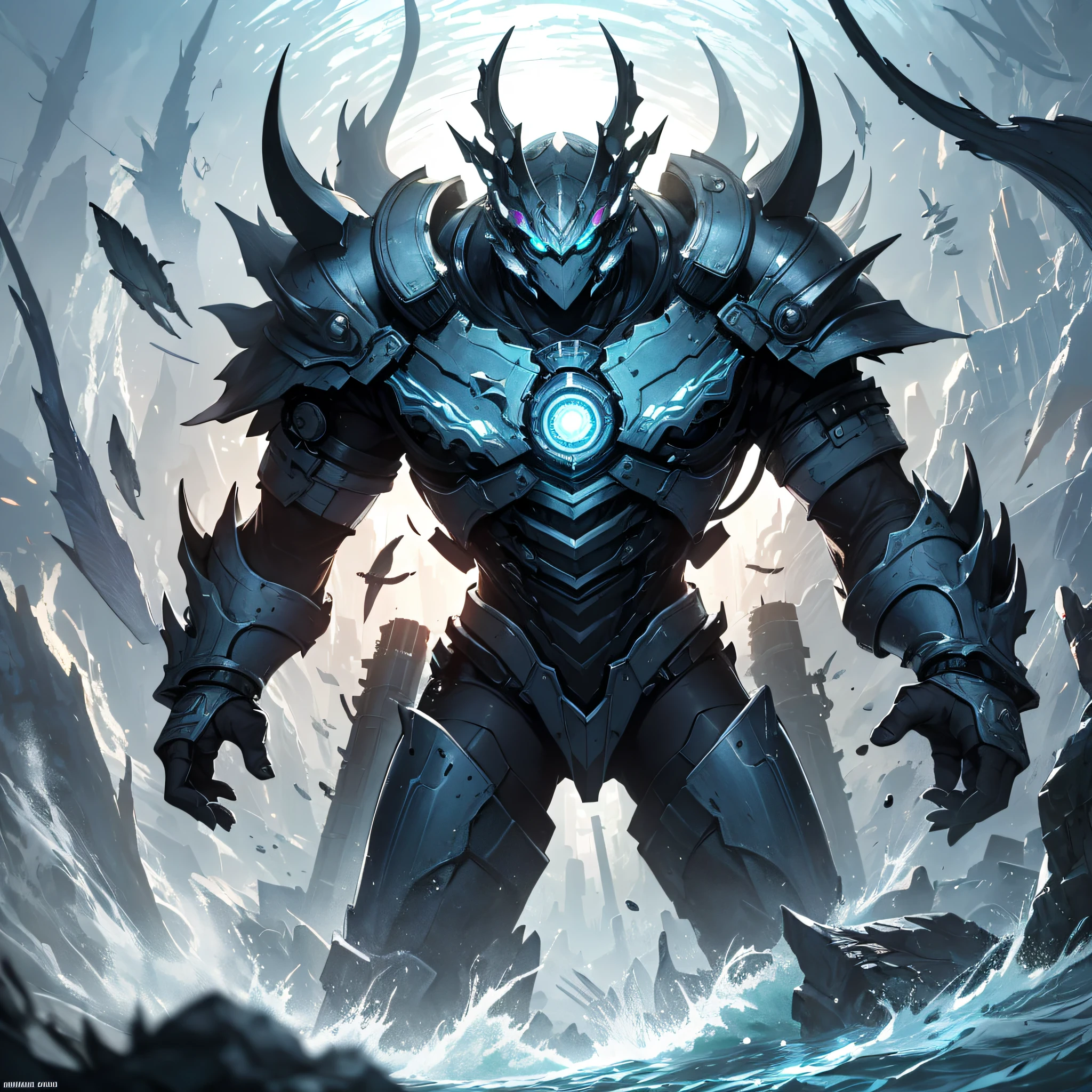 Ridiculous resolution,A high resolution,(tmasterpiece:1.4),Hyper-detailing,Underwater world,Blue mechanical titan giant,Dodge,combat state,shock,blasts