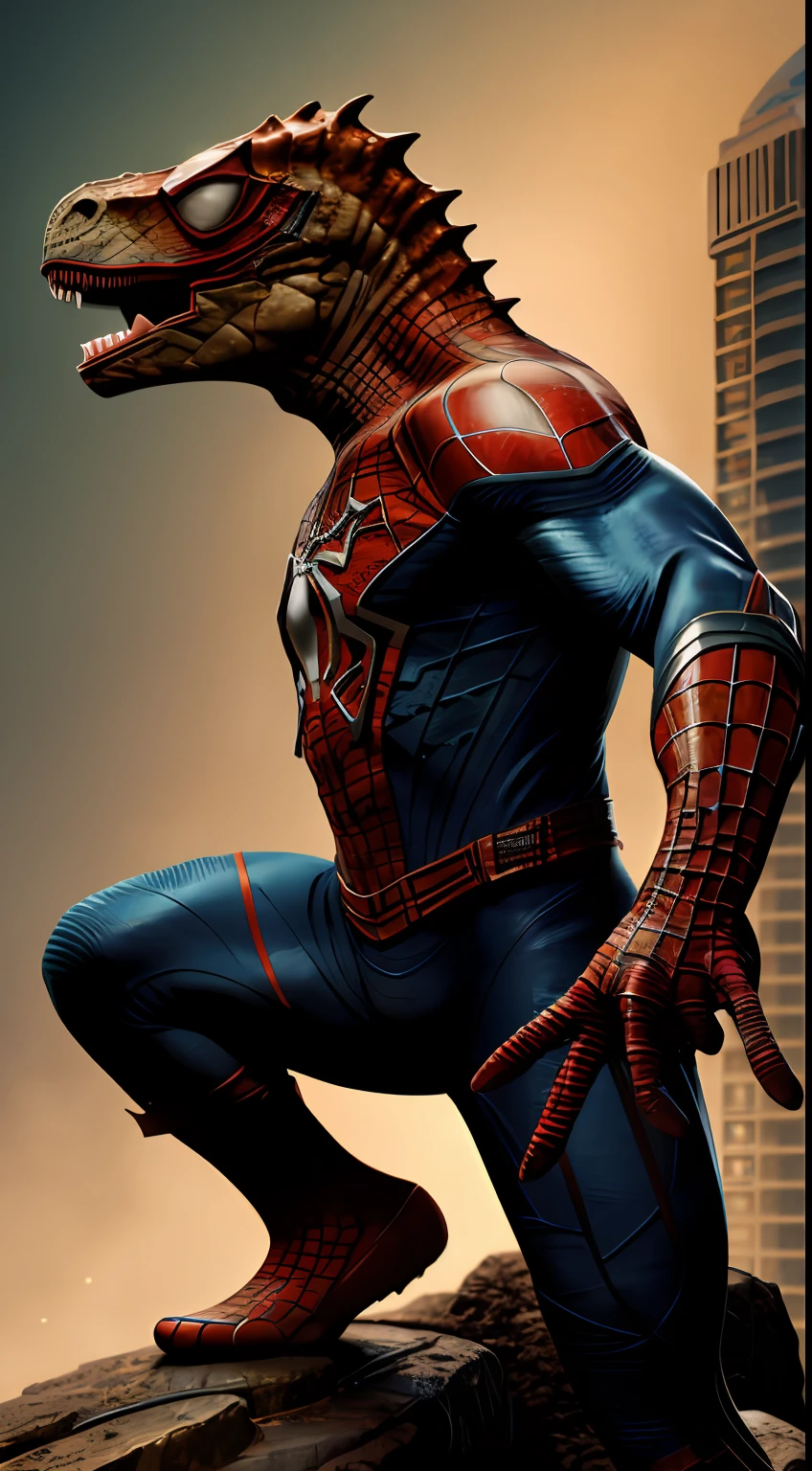 mix portrait of spiderman with dinosaur, in scfi costumes, dynamic composition, cinematic lighting, warm and bright colors, art by Sam Weber and Michael C Hayes, 8k, trending on artstation, highly detailed, cinematic