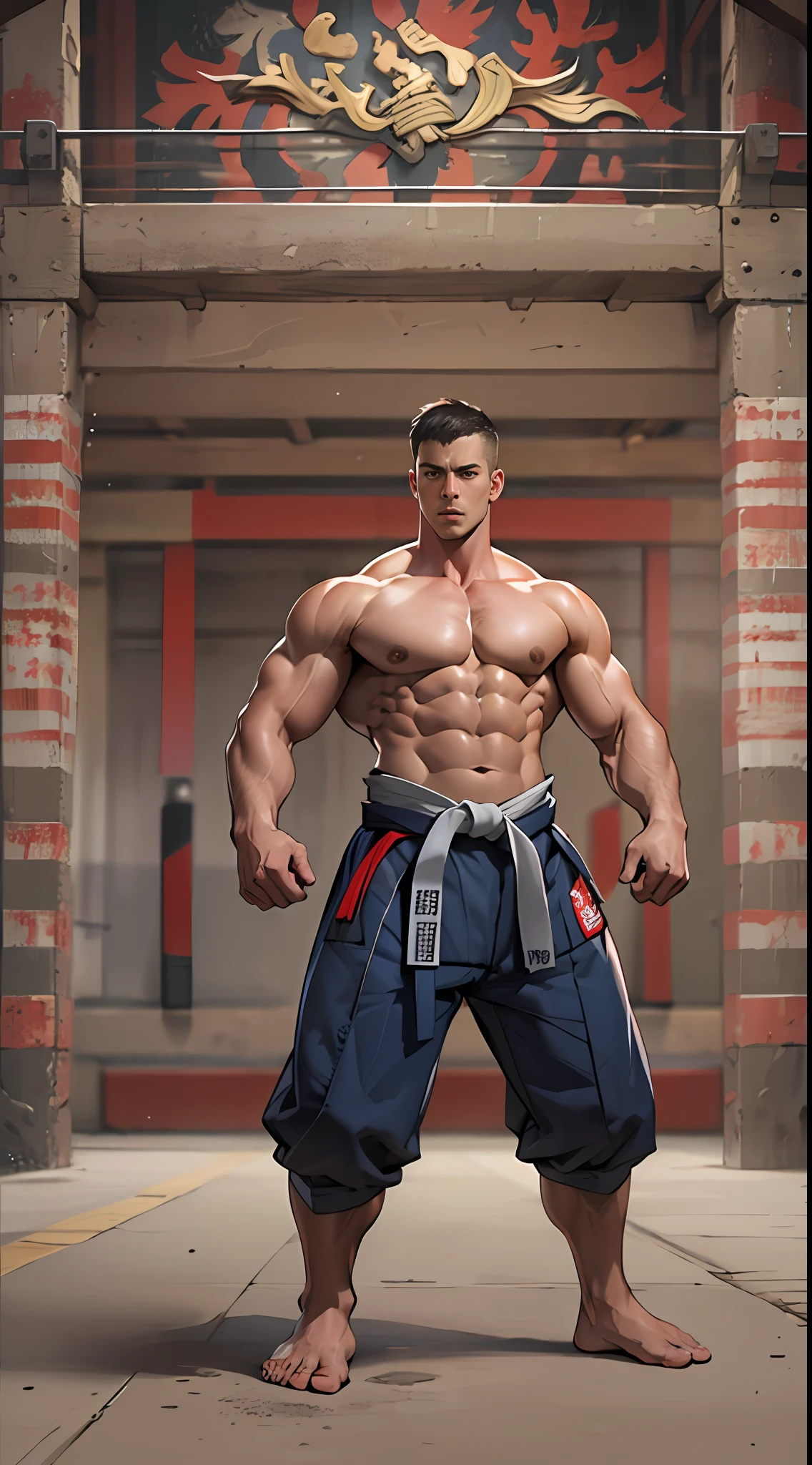 Mighty fighter, chest exposed, lower body unclothed from thighs to feet, flowing long curls, detailed muscular physique, photorealistic depiction, 4K resolution. Background: Martial arts dojo,32k uhd, best quality, masterpiece, super detail, high details