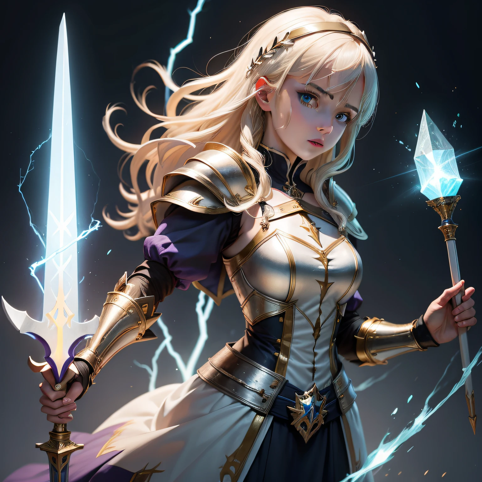 The brave wear medieval armor，The armor is white-gold，Medieval sword in hand，There is a gem on the sword，The sword is white gold blue and predominantly white，Blue is minimal，Behind stood a female magician dressed in purple and holding a magic staff，At the tip of the staff is a magic stone with lightning bolts，Both have blonde hair，The eyes are all cyan