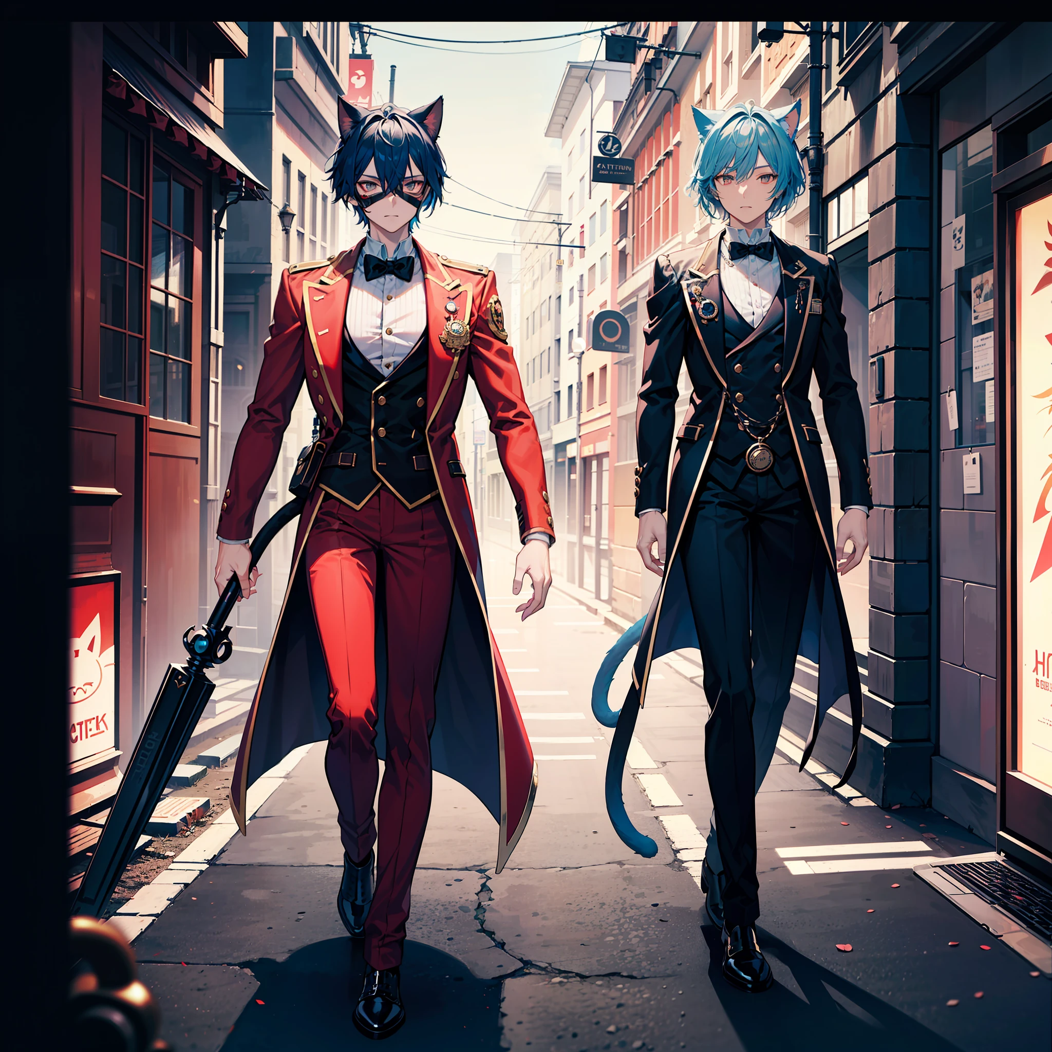 Blurred edge lines, dim colors, a person's full-body photos, a person's visual focus, personality mask, blue hair, red tuxedo, red wide-brimmed hat decorated with black and white stripes, cat man, cat ears, cat tail, tall and thin figure, decorative straps, gentlemanly, charming and handsome, a man.Correct human body structure, optimized human body structure, steampunk wearing detail style, tomorrow's ark character design, detail art, masterpiece, high quality, high resolution, detailed key animation art, best animation, 8K.