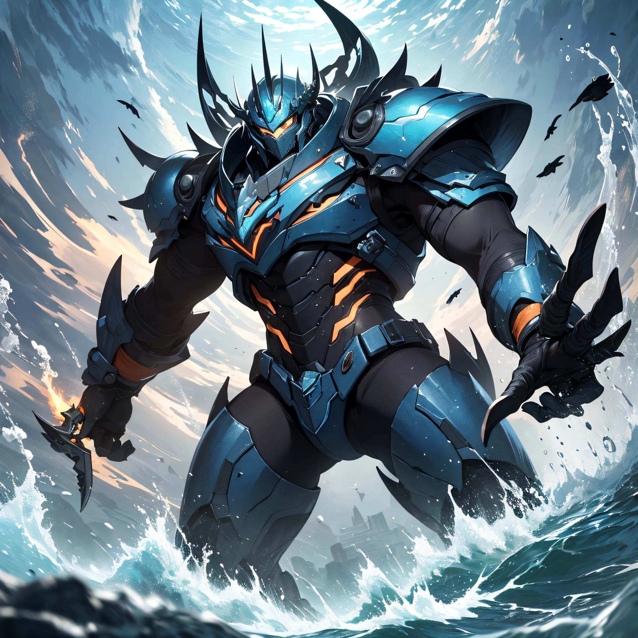 Ridiculous resolution,A high resolution,(tmasterpiece:1.4),hyper-detailing,Underwater world,Blue mechanical titan giant,charge,combat state,shock,blasts