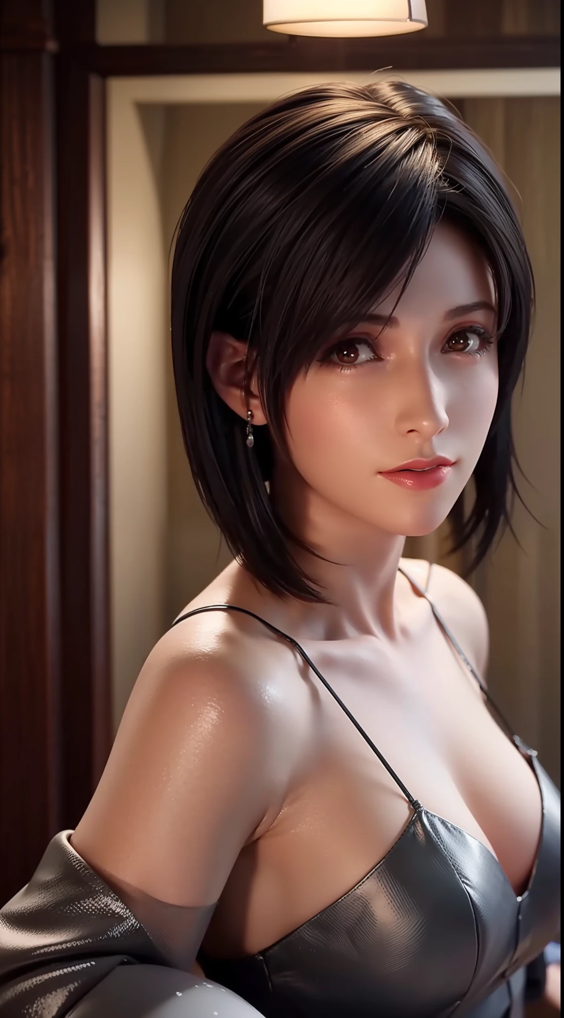 Best quality, masterpiece, ultra high res, (photorealistic:1.5), raw photo, 1girl, offshoulder, in the dark, deep shadow, low key, cold light, sexy look, short hair