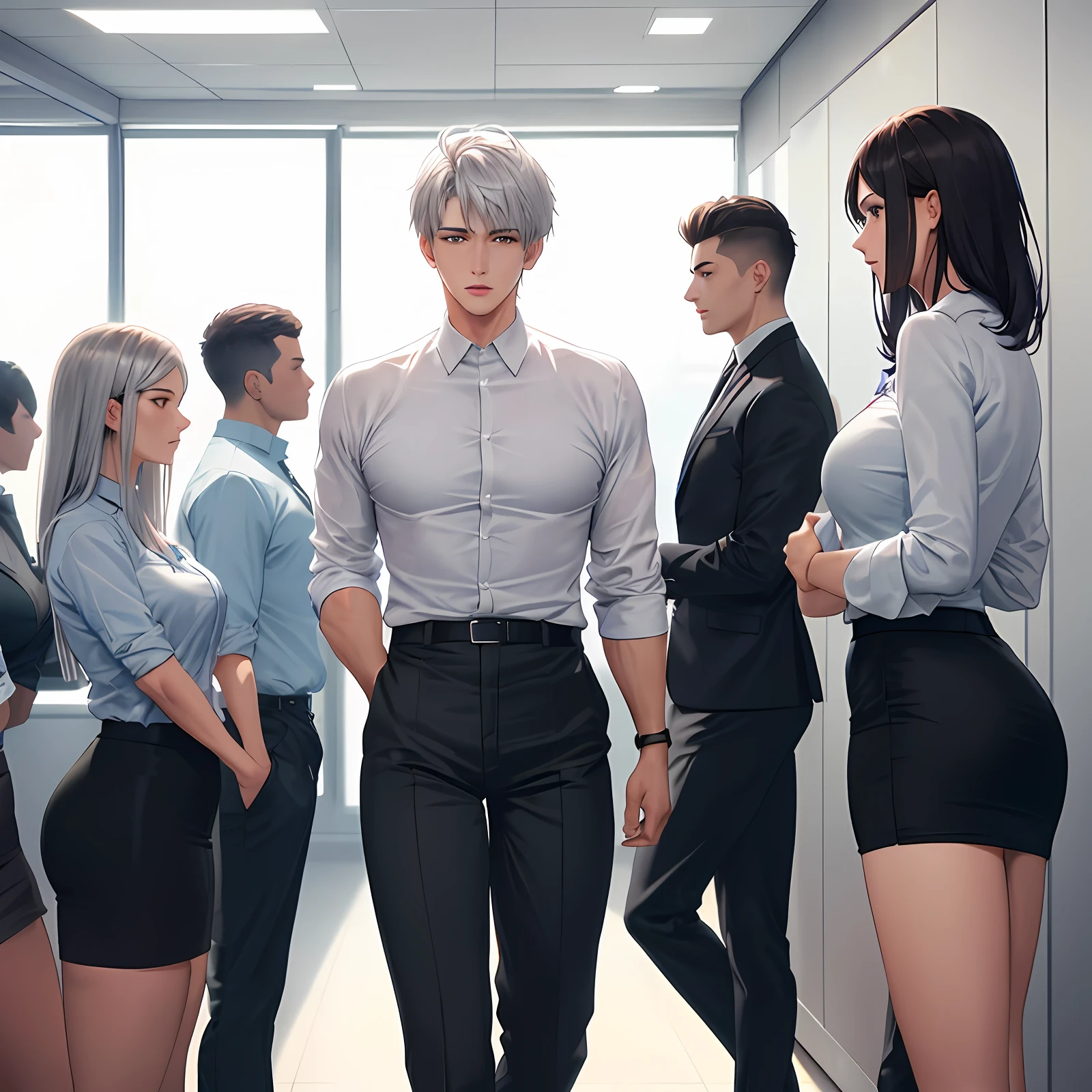 Young male boss with short silver hair meeting with a group of employees in a conference room,master part,4k,ultra detalhe