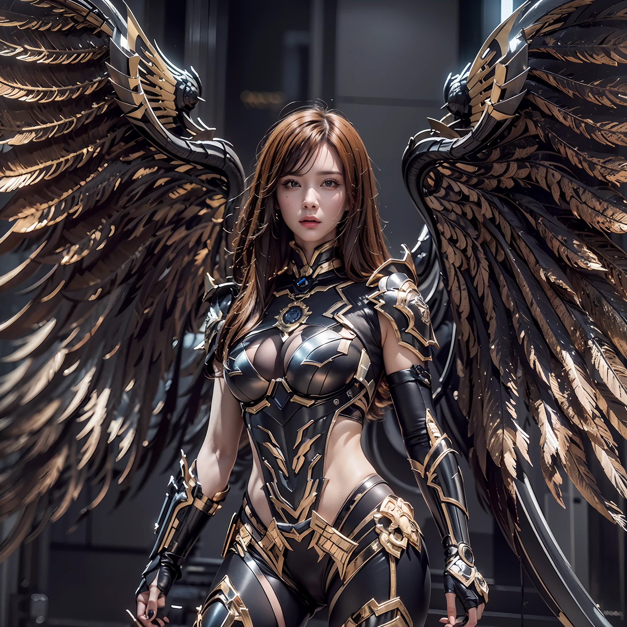 1girll,Dark Angel Warrior,(((On the back there is a pair of large black half-body wings))),Black titanium,Metal wings,((Metal wings)),((Black gold metal armor)),high detal,(beautifulface),Perfect facial features,red tinted hair,Black and gold greatsword,Futuristic technical background,apathy、Aloof、On the high horse,atmospurate、macro,Realistis,hdr(HighDynamicRange)、Ray traching、NVIDIA RTX、Hyper-Resolution、illusory 5、sub surface scattering、post-proces、Anisotropy Filtering、depth of fields、maximum definition and sharpness,Surface coloring、Accurately simulate light-material interactions、perfectly proportions、rendering by octane、largeaperture、Low ISO、White balance、the rule of thirds、8K raw data、lightand shade contrast