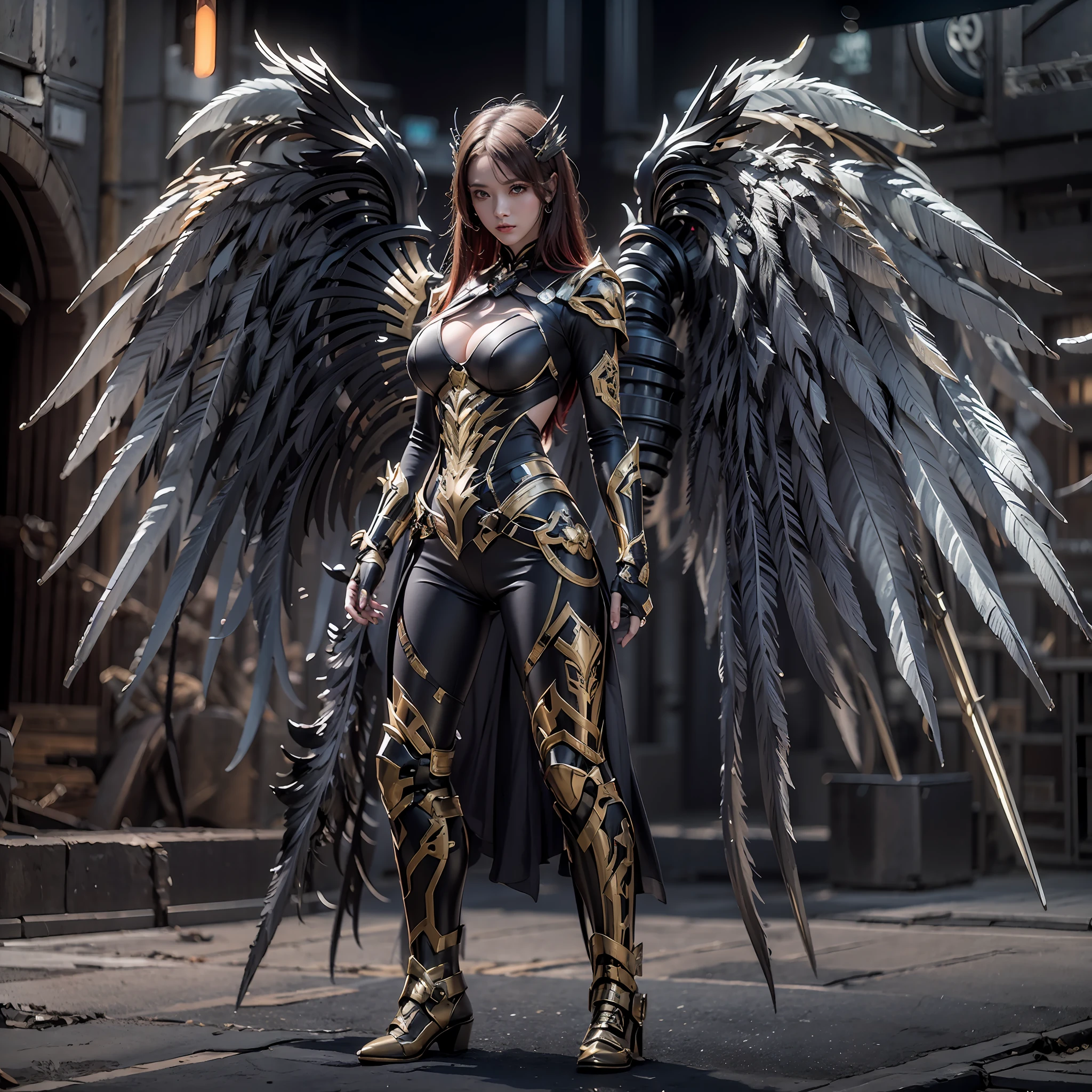 1girll,Dark Angel Warrior,(((On the back there is a pair of large black half-body wings))),Black titanium,Metal wings,((Metal wings)),((Black gold metal armor)),high detal,(beautifulface),Perfect facial features,red tinted hair,Black and gold greatsword,Futuristic technical background,apathy、Aloof、On the high horse,atmospurate、macro,Realistis,hdr(HighDynamicRange)、Ray traching、NVIDIA RTX、Hyper-Resolution、illusory 5、sub surface scattering、post-proces、Anisotropy Filtering、depth of fields、maximum definition and sharpness,Surface coloring、Accurately simulate light-material interactions、perfectly proportions、rendering by octane、largeaperture、Low ISO、White balance、the rule of thirds、8K raw data、lightand shade contrast