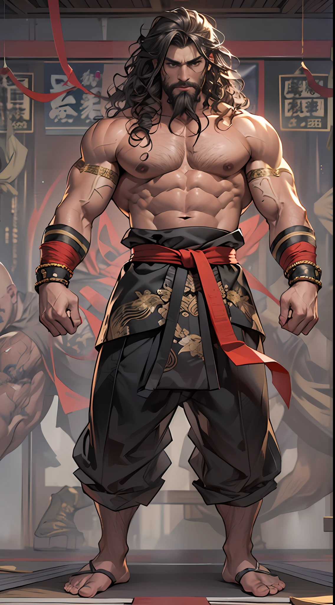 Powerful fighter, Chest exposed, The lower body is undressed from thigh to toe, Decorated with beaded beard, Long flowing curly hair, Detailed muscle physique, Realistic depiction, 4K 分辨率. Background: Martial arts dojo,32k ULTRAHD, Best quality, Masterpiece, Super detail, High details