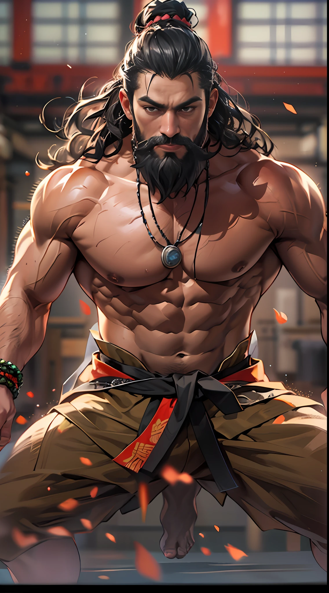 Powerful fighter, Chest exposed, The lower body is undressed from thigh to toe, Decorated with beaded beard, Long flowing curly hair, Detailed muscle physique, Realistic depiction, 4K 分辨率. Background: Martial arts dojo,32k ULTRAHD, Best quality, Masterpiece, Super detail, High details