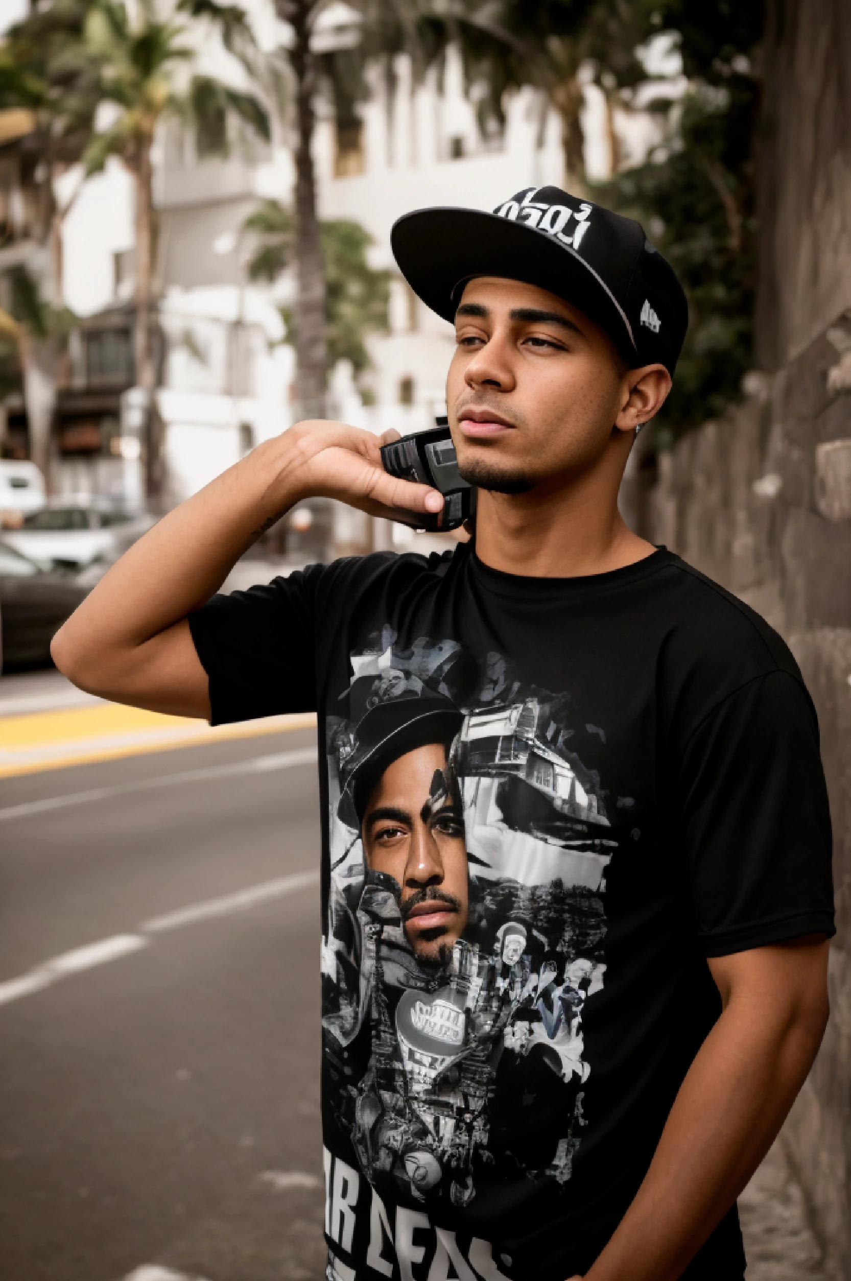Homem parado na beira da estrada falando ao celular, Retrato no meio da foto, Rap, Foto de perfil, , 2K resolution, with rap cap on head, hip-hop urbano inspirado, retrato de alta qualidade.