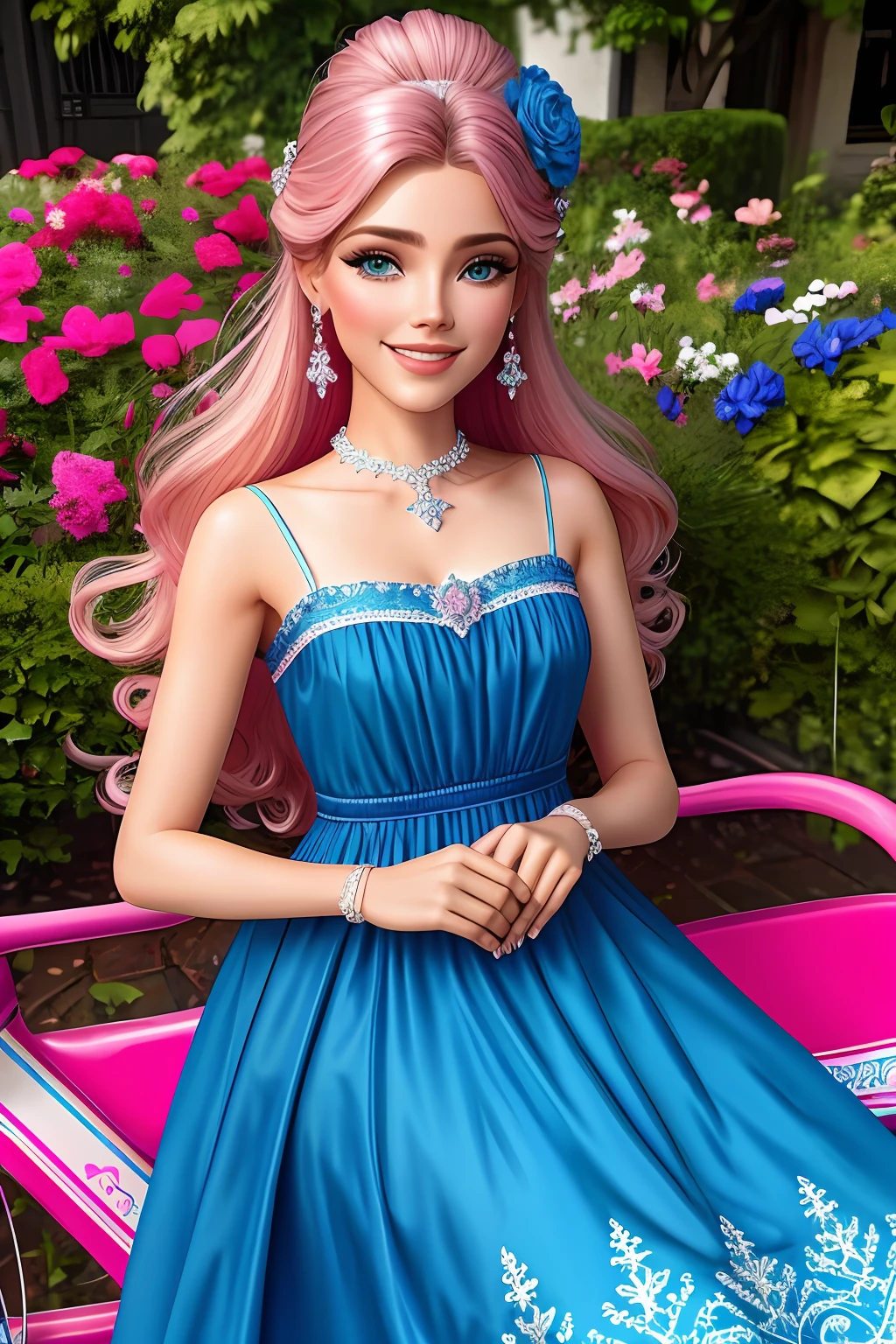 (64 mil, Foto RAW, melhor qualidade, obra-prima: 1.2), ultra-detalhado, arte formal, renderizado: 1.37, foto na parte superior do corpo, garota ((ORIENTAL),Beleza, Barbie,sorrindo e ele sorri, pose sentada em uma bicicleta (AZUL ROYAL,azul),num (vestido Pink estilo oriental) lindo florido )Rosa),azul e Rosa de alfaiataria brilhante,Cheio de flor cor-de-rosa)muitas flor)is colorful),cabelo rosa e natural),Borboletas )and birds),detalhes,rosa,flor)