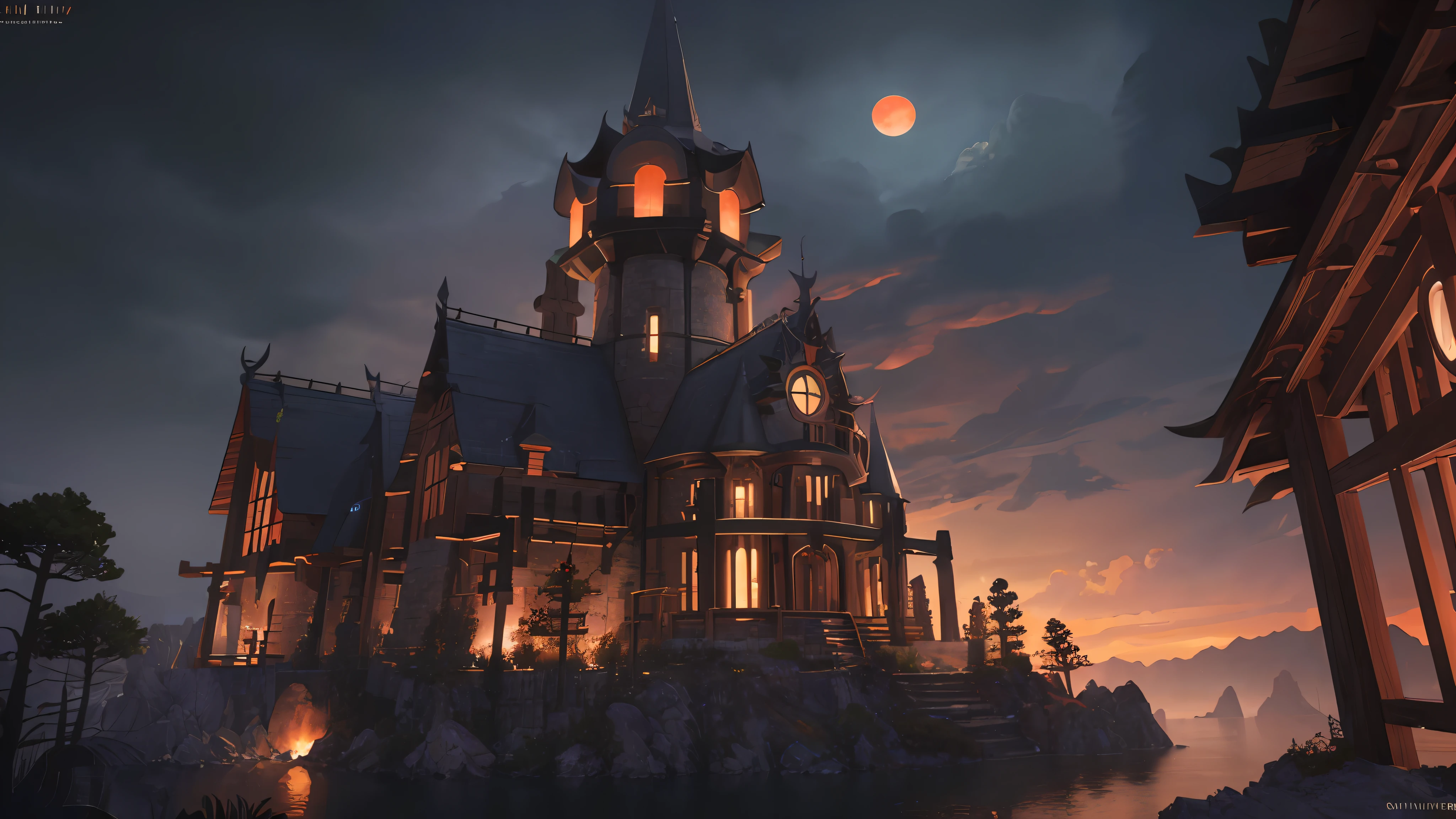 ((Masterpiece)), Best quality, High quality, ((Very detailed CG unity 8K wallpaper)), (fantasy),Dark tones， Deep black castle，Stand on the island，There is a red moon in the sky，View from a higher mountain，((giant agave titanota)), wild plants , Foxy, , Mono Lake, hackberry, 3D Digital Paintings, award winning photography, Bokeh, Depth of field, hdr, full bloom, less big breasts， color difference , Photorealistic, The is very detailed, trending on artstationh, trending on CGSociety, Intricate, high detal, dramatics, halfway art,