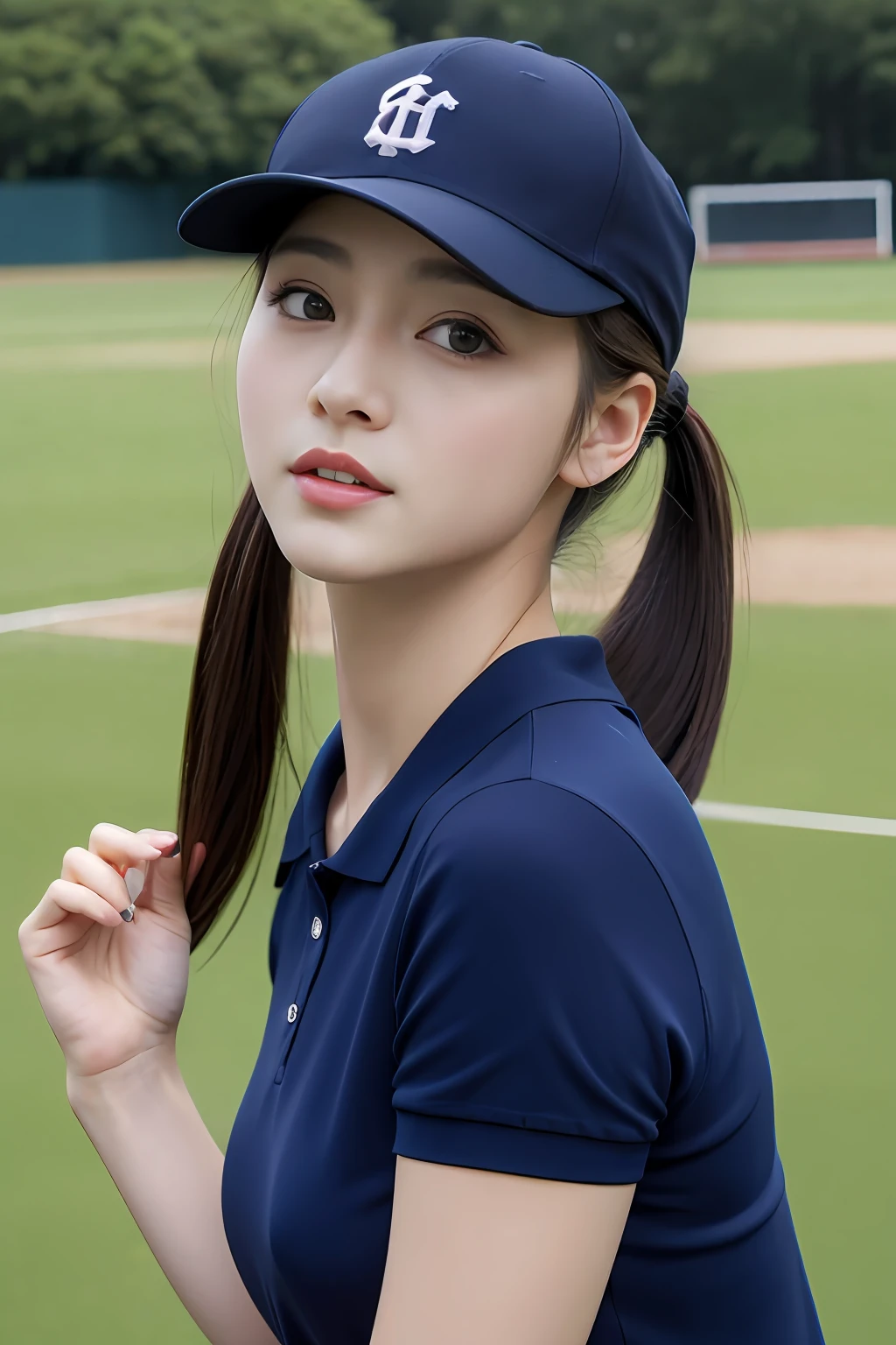 １Man Girl、top-quality、​masterpiece、超A high resolution、(Photorealsitic:1.4)、There is a woman wearing a baseball cap、wearing a dark blue polo shirt、poneyTail､baseball field