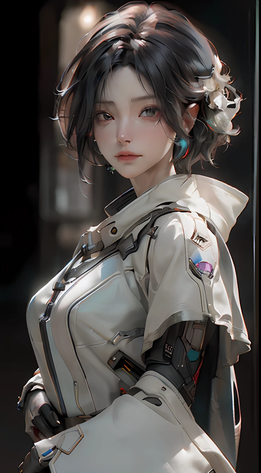 ((best qualtiy)), ((tmasterpiece)), (the detail:1.4), 3D, A handsome cyberpunk lesbian image,HDR（HighDynamicRange）,Ray traching,NVIDIA RTX,Super-Resolution,Unreal 5,Subsurface scattering、PBR Texture、post-proces、Anisotropy Filtering、depth of fields、maximum definition and sharpness、Many-Layer Textures、Albedo e mapas Speculares、Surface Coloring、Accurate simulation of light-material interactions、Octane Render、Two-colored light、largeaperture、Low ISO、White balance、the rule of thirds、8K RAW、