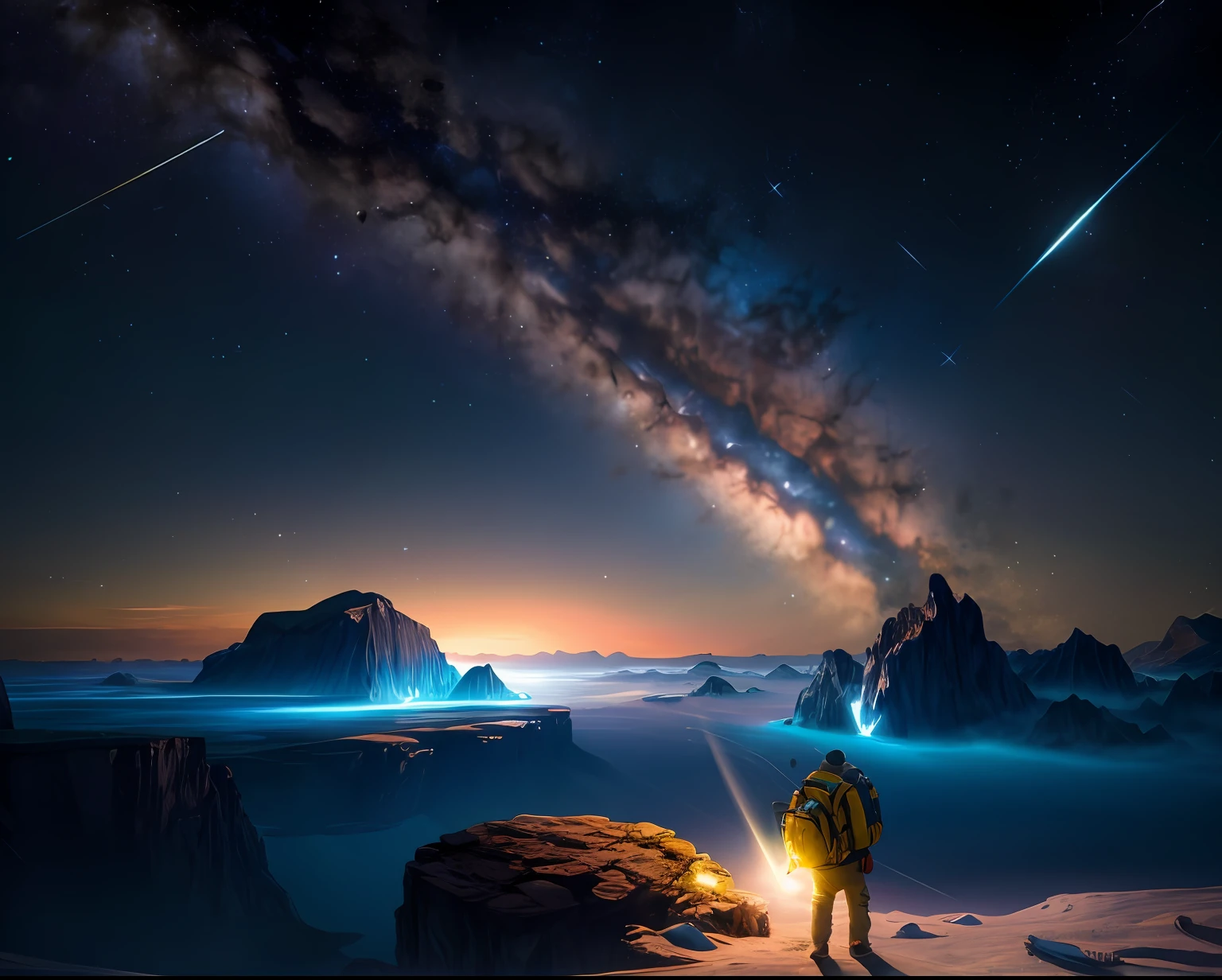 Desenhe um jovem de mochila amarela, Standing on a research platform floating in the middle of an asteroid belt, vire as costas para os espectadores, from behind, mochila amarela, surrounded by several shining asteroids with auras of fire break The dramatic illumination of distant stars and planets illuminates the scene, casting deep shadows on the costume, looking at the vast and mysterious universe with wonder and respect, quebrar, detalhado, realista, 4k arte digital altamente detalhada, Renderizar octanagem, bioluminescente, break 8K resolution concept art, Realismo, by Mappa Studios, obra-prima, melhor qualidade, Arte Oficial, illustration, Linha clara, (Fresco_Cor), perfect compositio, absurdos, fantasia, focado, rule of thirds