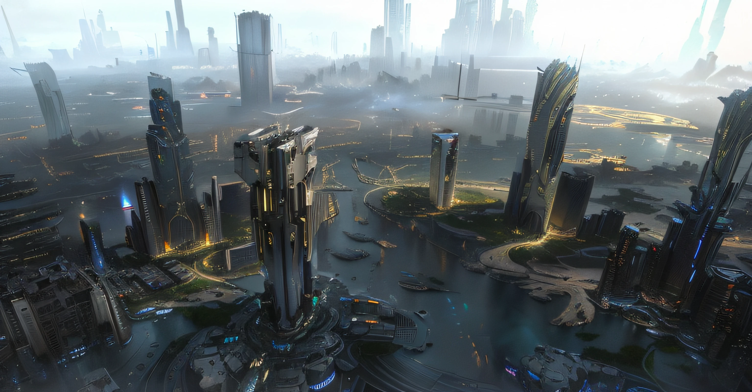 NASA style，Mecha white，HALO 5 game city style，Cidade futuristica，Skyscrapers and green rooftops in a foggy sky, futuristic dystopian city, aerial view of a cyberpunk city, in fantasy sci - fi city, hyper-futuristic city, sci fi city, vista of futuristic city, sci fi city, otherwordly futuristic city, 4 K resolution concept art, ancient sci - fi city, 4K concept art，massive city，Dense complex of buildings，The large building is surrounded by a larger complex，The building color is mainly white，The building has more white area，The architectural shape is summarized and simple，The city is surrounded by rivers，The river has the reflection of the city