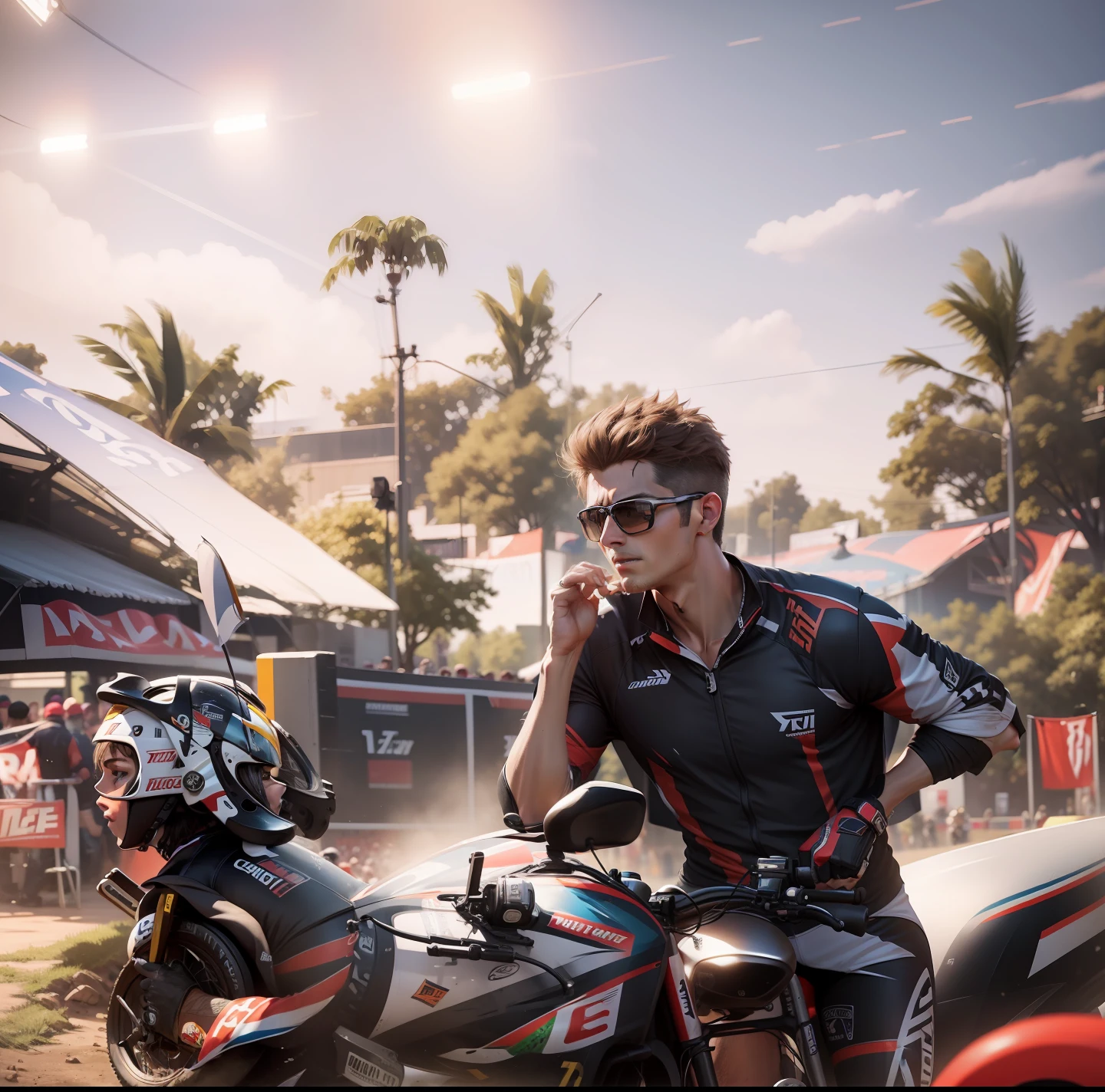 Background In a bike racing stadium with huge crowd,8k , realistic