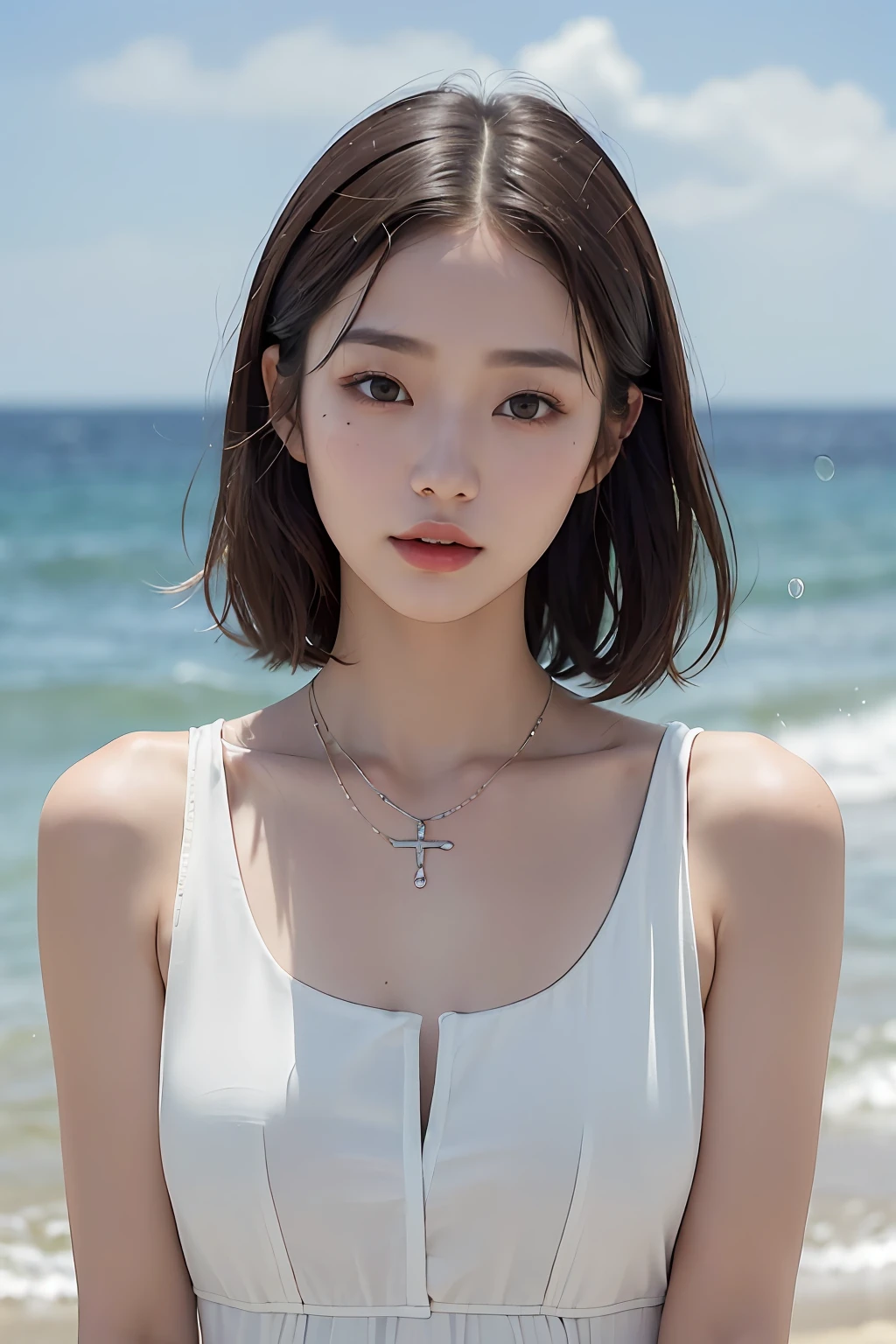 hightquality、​masterpiece、超A high resolution、(((asian beauty face)))、(realisitic:1.4)、(True skin texture:1.3)、Perfect beautiful adult woman、beautiful detailed eyes and face、Thin makeup、Small Smile、Light brown short-cut hair、Small necklace、White sleeveless shirt、Cloudy afternoon seaside、Sea with big waves、Cloudy sky and rain、strong breeze、