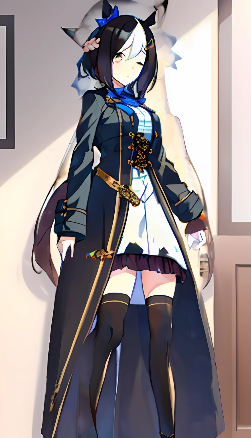 Masterpiece, Best quality,Black color hair,White pick dye,Brown tunic,White shirt,Gold eyes,Horse Ears,She has a blue bow tied around her neck,The shirt,Brown tunic,A girl with horse ears and a tail,Wear an overcoat with gold details,black over-the-knee socks