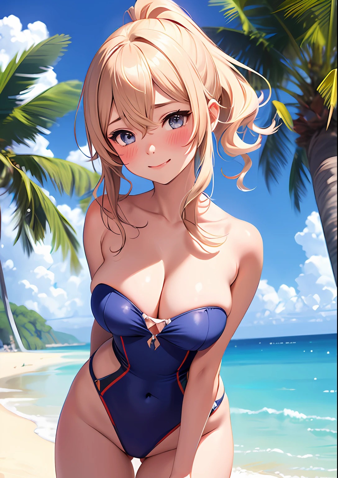 1girl, adult woman, (Blushing:1.4), ( highcut strapless swinsuit, floral print), blushed, Smile, Cowboy Shot, Slim body, Small breast, small boobs, Full Body, Detailed background: Beach and palmtrees, summer