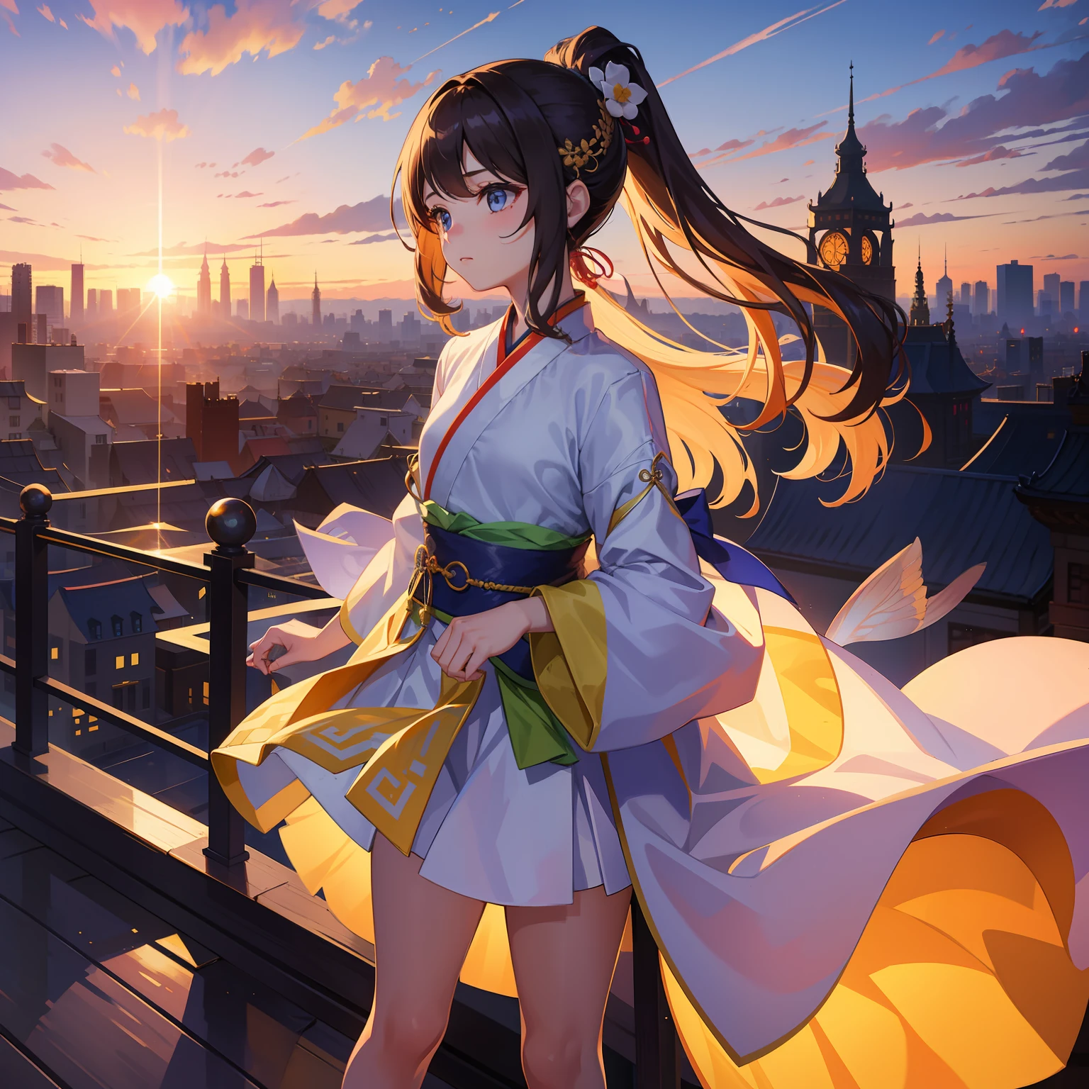 beuaty girl,Stand on a tall building,Look down at the colorful city below,The setting sun hit the girl in the face,It seems very domineering,Experience the smallness of human beings,The girl's skirt fluttered in the wind,Hanfu,whaite hair,22-year-old girl