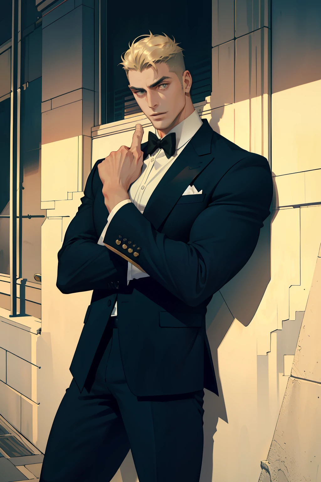 (masterpiece, best quality), 1 male, mature, aged up:1.4, tall muscular guy, broad shoulders, finely detailed eyes and detailed face, best ratio four finger and one thumb, best light and shadow, very short hair, undercut, mercenary, suit, morden urban landscape