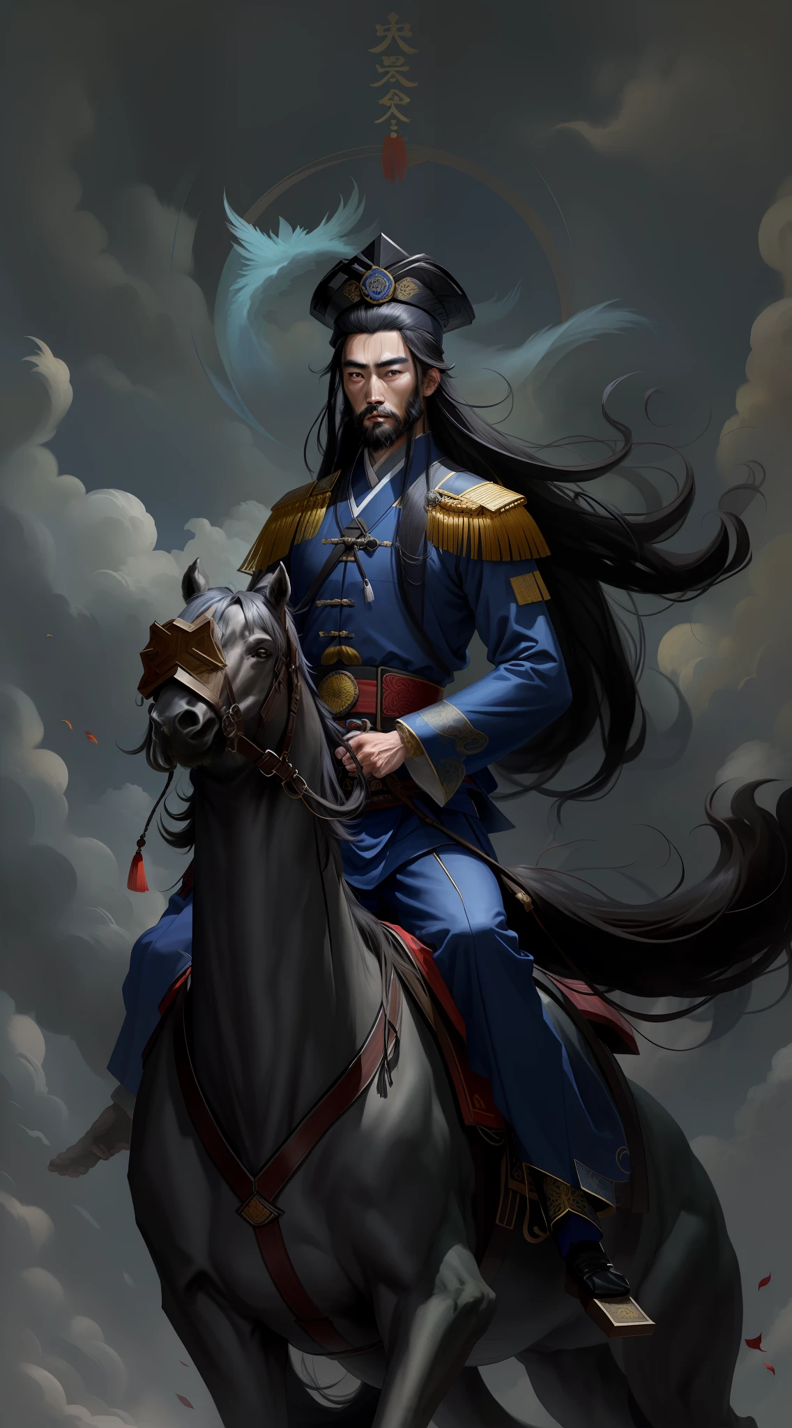 Thin eyes and long beard,a chinese male,Asian male face,middle aged man,Wearing a blue robe,Seven feet long,Thin eyes and long hair,Guan Bai riding the capital lieutenant,Peiguo Jun people also,The surname is Cao,Famous,Word Mengde