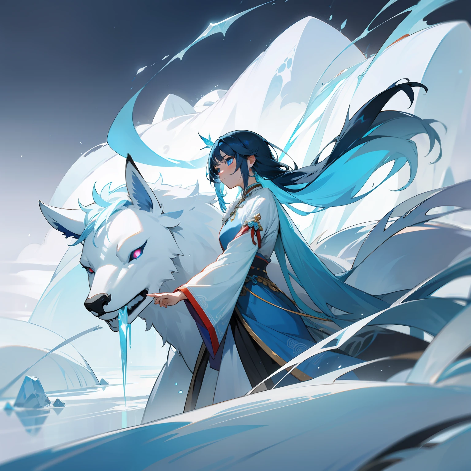 Mythological elements，Epic background，Kizi，Long ice blue hair，Traditional Chinese costumes，ice element，Ice storm field background