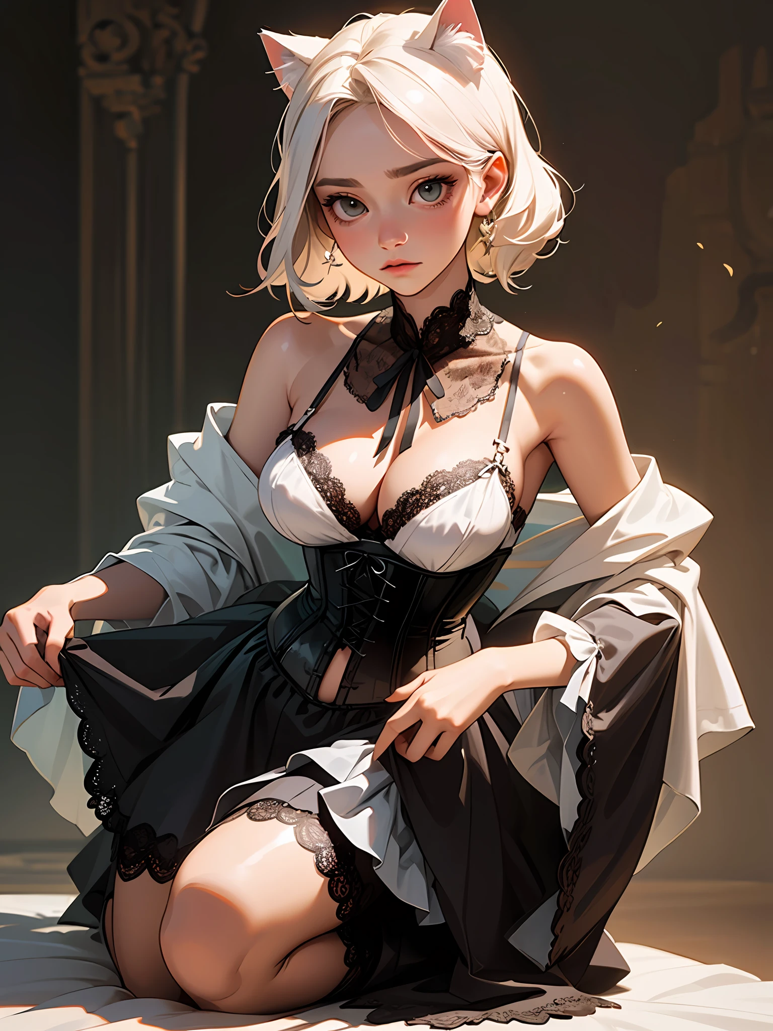 (Artwork of exceptional craftsmanship),(Detailed illustrations,(Very ideal anatomy),Very detailed and detailed drawing,Delicate lines with slow and rapid,(Realistic texture expression)),[Color tressed main line],[Strange bedroom background],[HENTAI ANIME] (JapaneseGirl (Beautiful shape)  student [Luxury Girl] (cat ear ((plump)) (large chest with drooping,[wide areola]))),(Full body lingerie (Pure white corset) (Ribbon Ruffled Lace Fabric [lolita fashion])),[Realistic and glossy skin expression ([High humidity] (Soft body)),([sitting] [[boredom]] gravure),Transparency, soft ambient light,(Perfectly proportioned),(Fine and beautiful skin expression [realistic skin detail]),[Design built to the highest level,[Advanced structural understanding of materials],Ideal color coordination],(Intricate and beautiful decoration [Dense detail]),(More on shiny hair),[Perfect hand details [Beautiful Finger]],(Beautiful perfect face [Realistic face details]),[Clear gaze],[long and beautiful eyelashes],[Perfect eye details (Eyes beautifully drawn down to the smallest detail)],(detaileds,high-detail),([Precision Detail],[multi-layer texture],HighQuality,hight resolution),[(Accurate simulation of light-material interactions),Understanding Airflow,Mechanically correct representation],[Visual art that conveys a sense of narrative] [Full body like],[[Desaturation]].