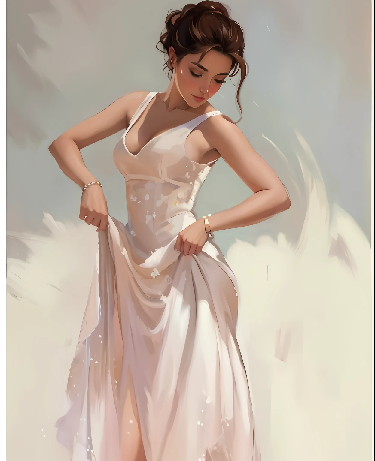 Una pintura de una mujer con un vestido blanco sostiene sus manos en sus caderas, completamente vestido. Pintura de sexy, Al estilo de Steve Henderson, inspirado por Raymond Leech, Steve Henderson, por Charles Roka, Elegant oil painting, por Raymond Leech, Pintura de una mujer, Pintura sensual, en ropa blanca, vestido fluido, painted with oil