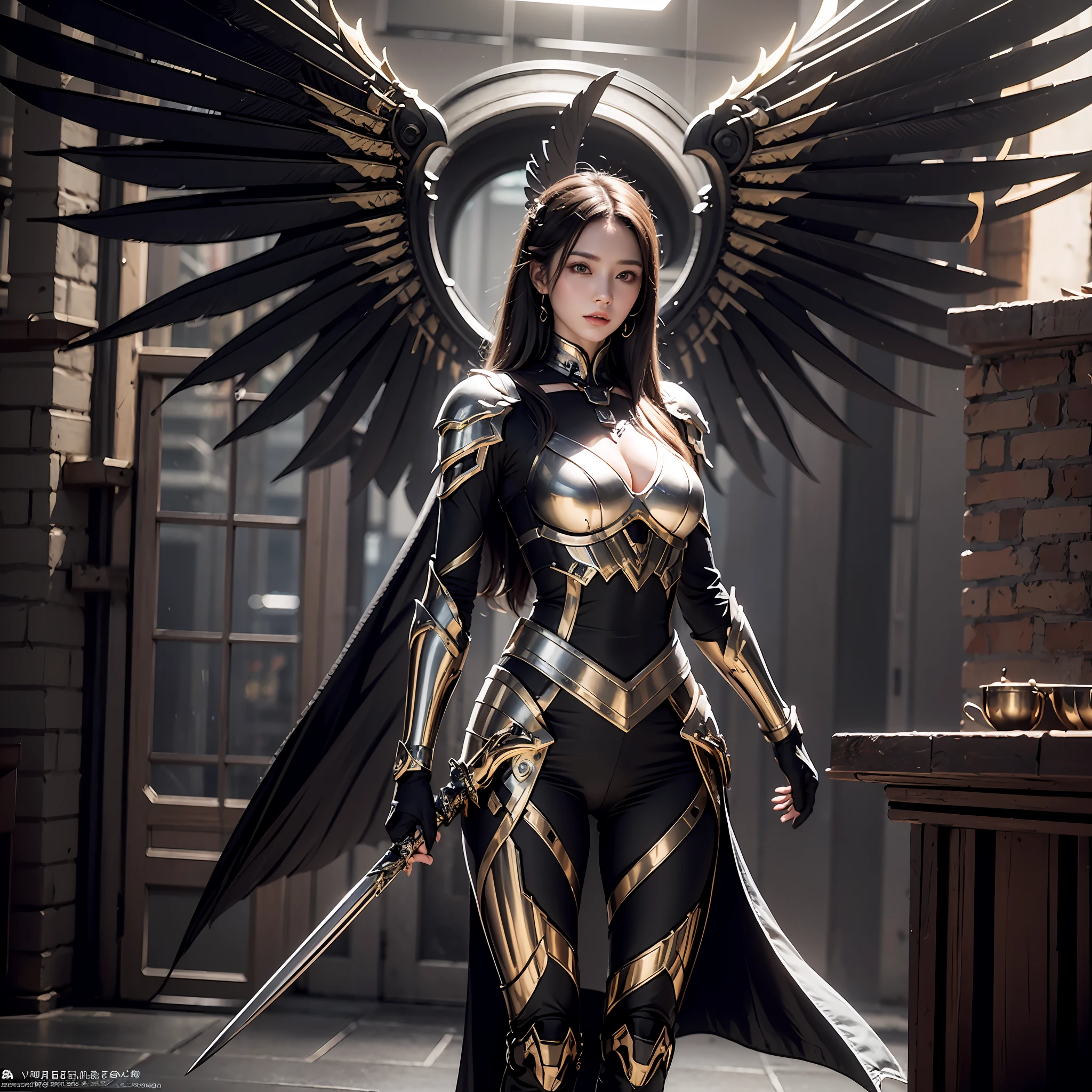 1girll，Dark Angel Warrior，(((On the back there is a pair of large black half-body wings)))，Black titanium，Metal wings，（（Metal wings）），（（Black gold metal armor）），high detal，（beautifulface），Perfect facial features，red tinted hair，Black and gold greatsword，Futuristic technical background，apathy、Aloof、On the high horse，atmospurate、macro，Realistis，hdr（HighDynamicRange）、Ray traching、NVIDIA RTX、Hyper-Resolution、illusory 5、sub surface scattering、post-proces、Anisotropy Filtering、depth of fields、maximum definition and sharpness，Surface coloring、Accurately simulate light-material interactions、perfectly proportions、rendering by octane、largeaperture、Low ISO、White balance、the rule of thirds、8K raw data、lightand shade contrast