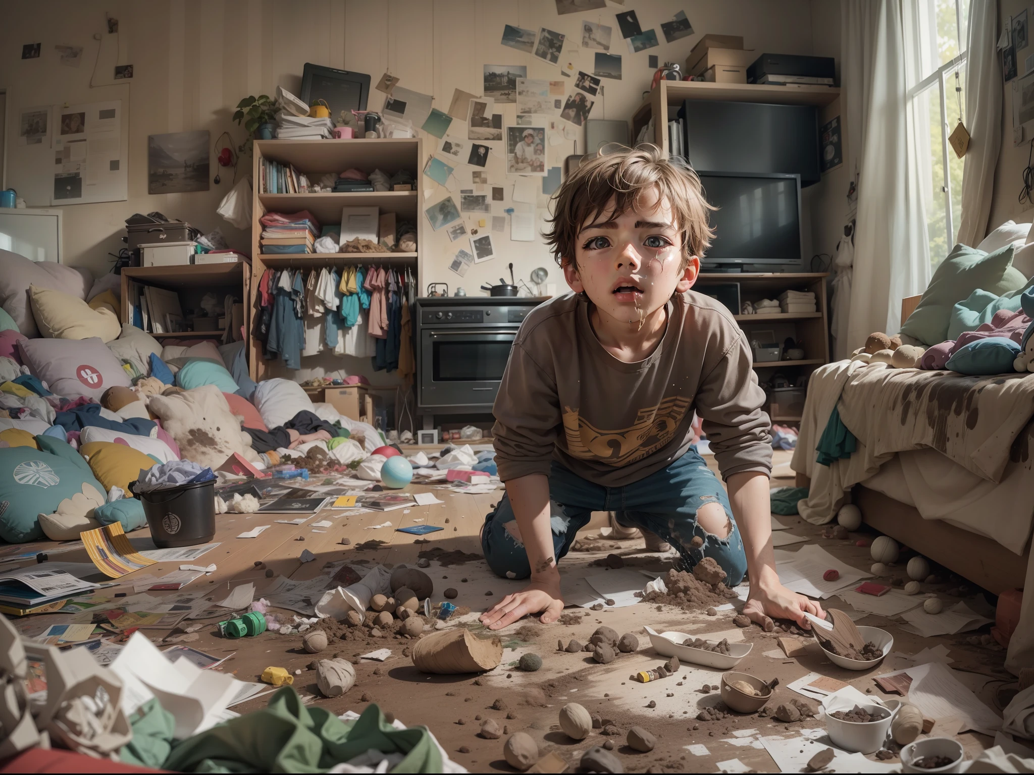 boy, watching tv in the room, messy, with things thrown around, full of dirt,
