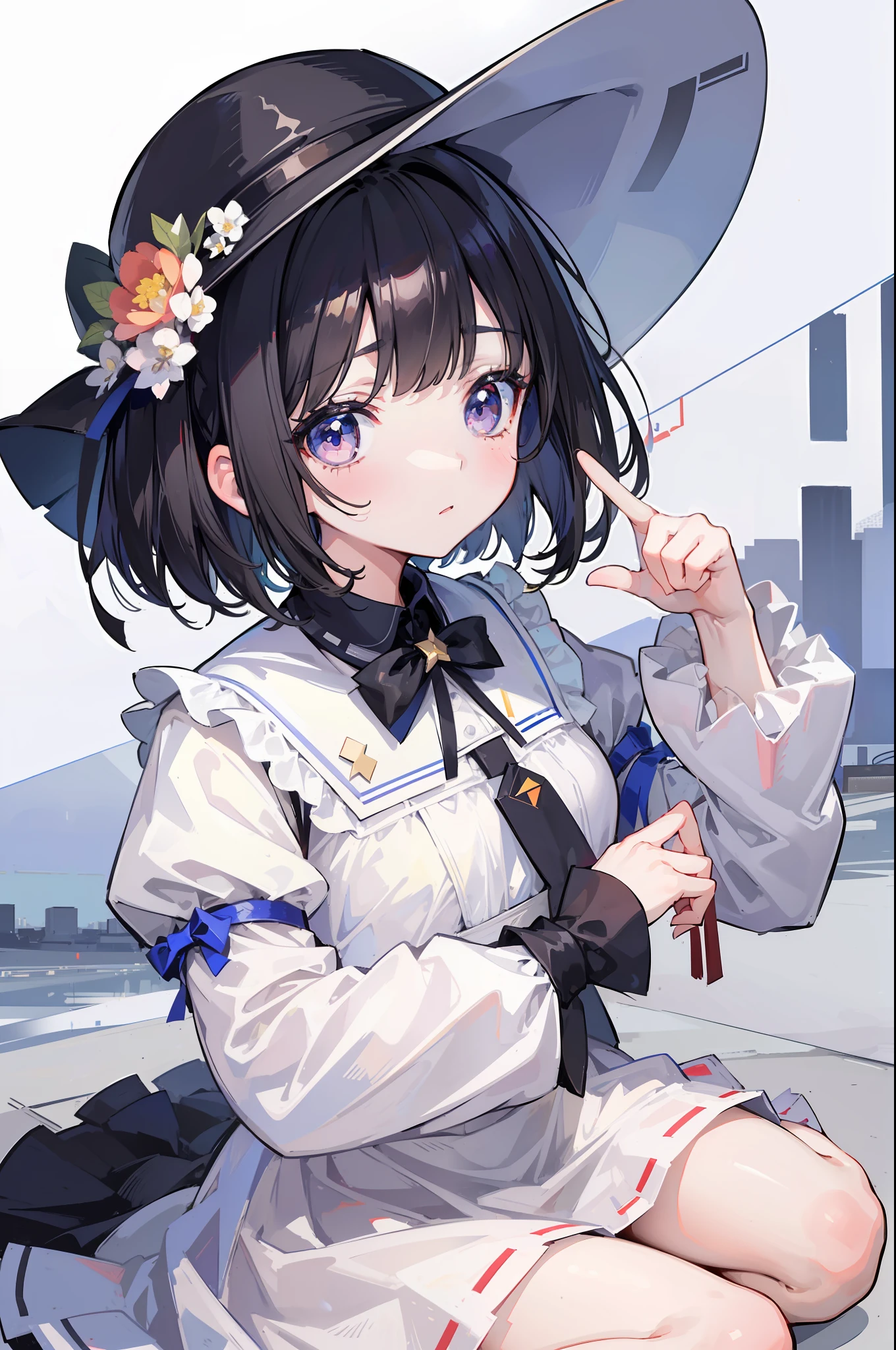 1girl in, Close up portrait of a person in a dress and hat, pixiv, neoism, maid dress, symmetry!!Dark hair、bob cuts、Puffy cheeks、, cute round slanted eyes, loish and wlop、(((Gamine)))、(((elementary student)))、childish、Depicted from an angle、(Masterpiece Highest Quality:1.2),[[Fused fingers]], [[multiple limbs]]