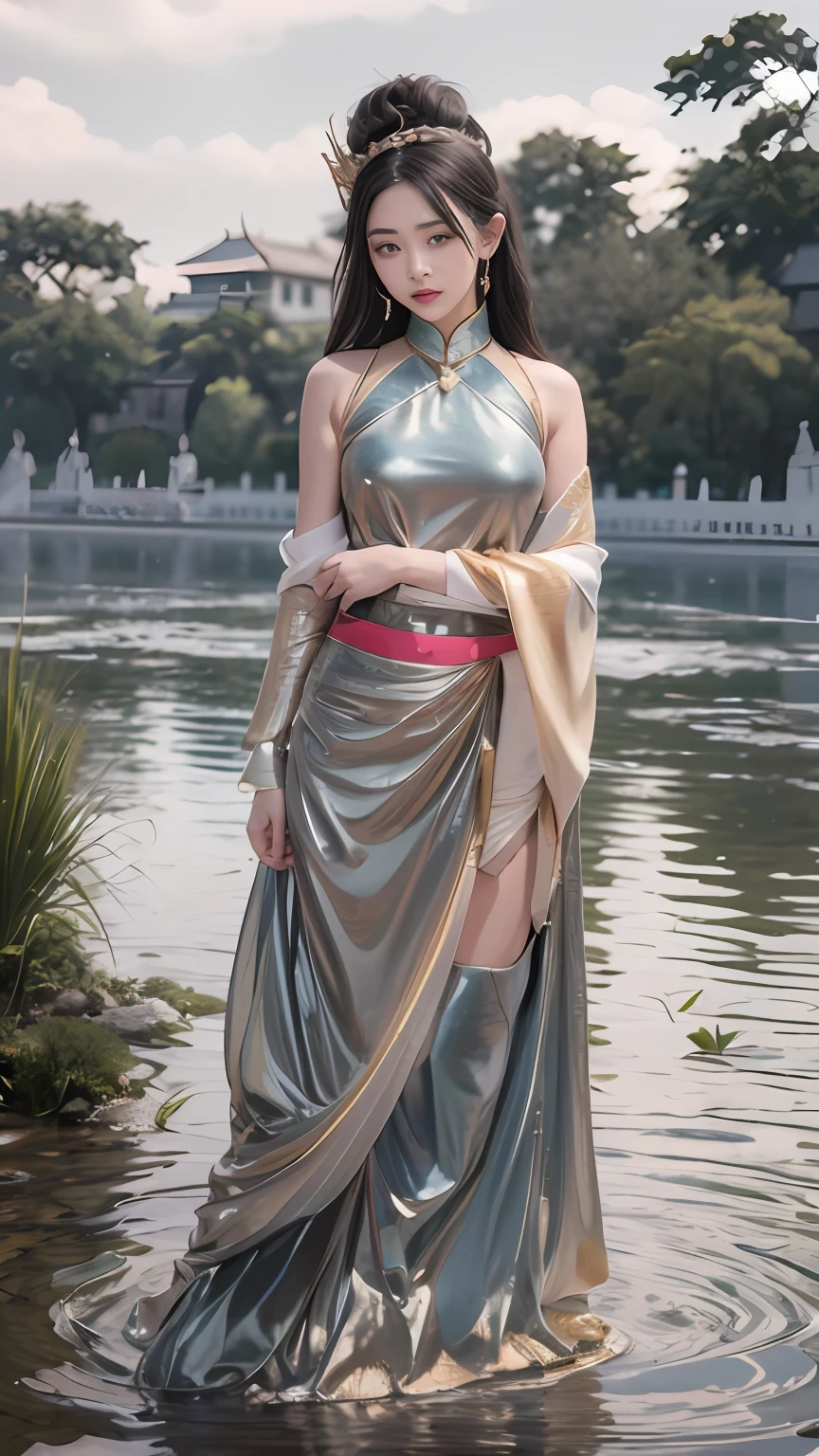 Wetland Park,(tmasterpiece,k hd,hyper HD,16k)brunette color hair,15 year old girl,Multi-layer gauze skirt,Hollow gold thread crown jade setting,Rouge lips,Cherry mouth,Focus on the neckline,Soft hair like slippery silk,Sparkling,Almost reluctant to look away,She wears a suspender cheongsam!Imagine that,She just wore a cheongsam to the bustling big castle,One can't help but want to take a closer look,Take a closer look, desi,Her belly pocket is quite stylish,The skirt flutters in the wind,It's like adding a touch of energy to the whole street,Crocodile skin train,A sneak peek angle,(From the angle below),Sit in the seat of the monitor lizard,sitting in front,Zoom camera,head portrait,Head down and sleepy-eyed,Look at the ground, best qualtiy, hyper HD, (realisticlying:1.4),, A high resolution, the detail, RAW photogr, Sharp Re, Nikon D850 Film Stock Photo by Jefferies Lee 4 Kodak Portra 400 Camera F1.6 shots, Rich colors, ultra-realistic vivid textures, Dramatic lighting, Unreal Engine Art Station Trend, cinestir 800,