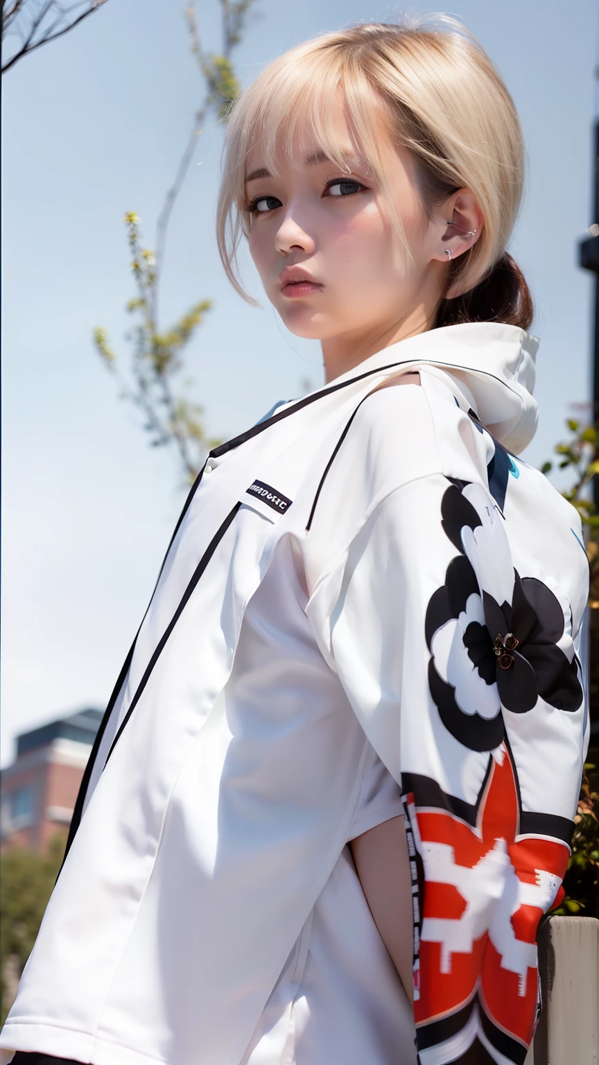 1girl, Kaneshiro Kazuma, White jacket, Short Hair, White Hair, Realistic, Ultra Detail, 70mm lens