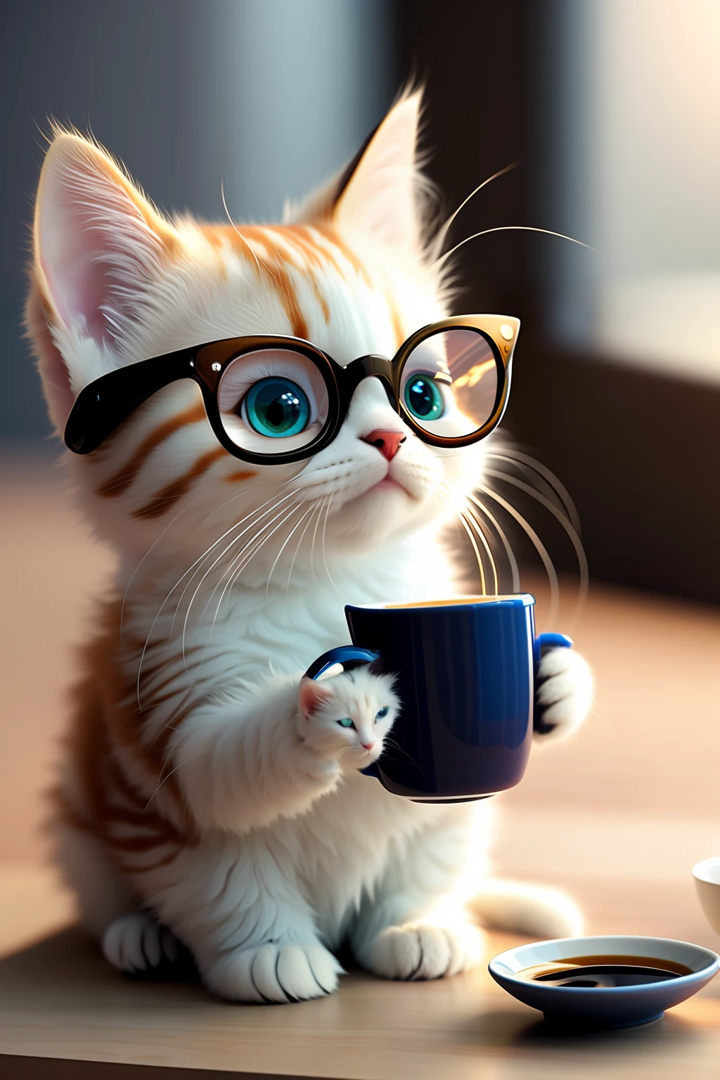 Kitten with glass and cup of coffee on the table, a cat sipping coffee, cute 3 d render, adorable digital art, lovely digital painting, Cute detailed digital art, Cuteness, the cat is drinking tea, Fanart, Avatar image, artistation render, artistation render, Cute cat, intellectual cat, ultra-realistic picture, Cute! C4D, adolable, cute animal