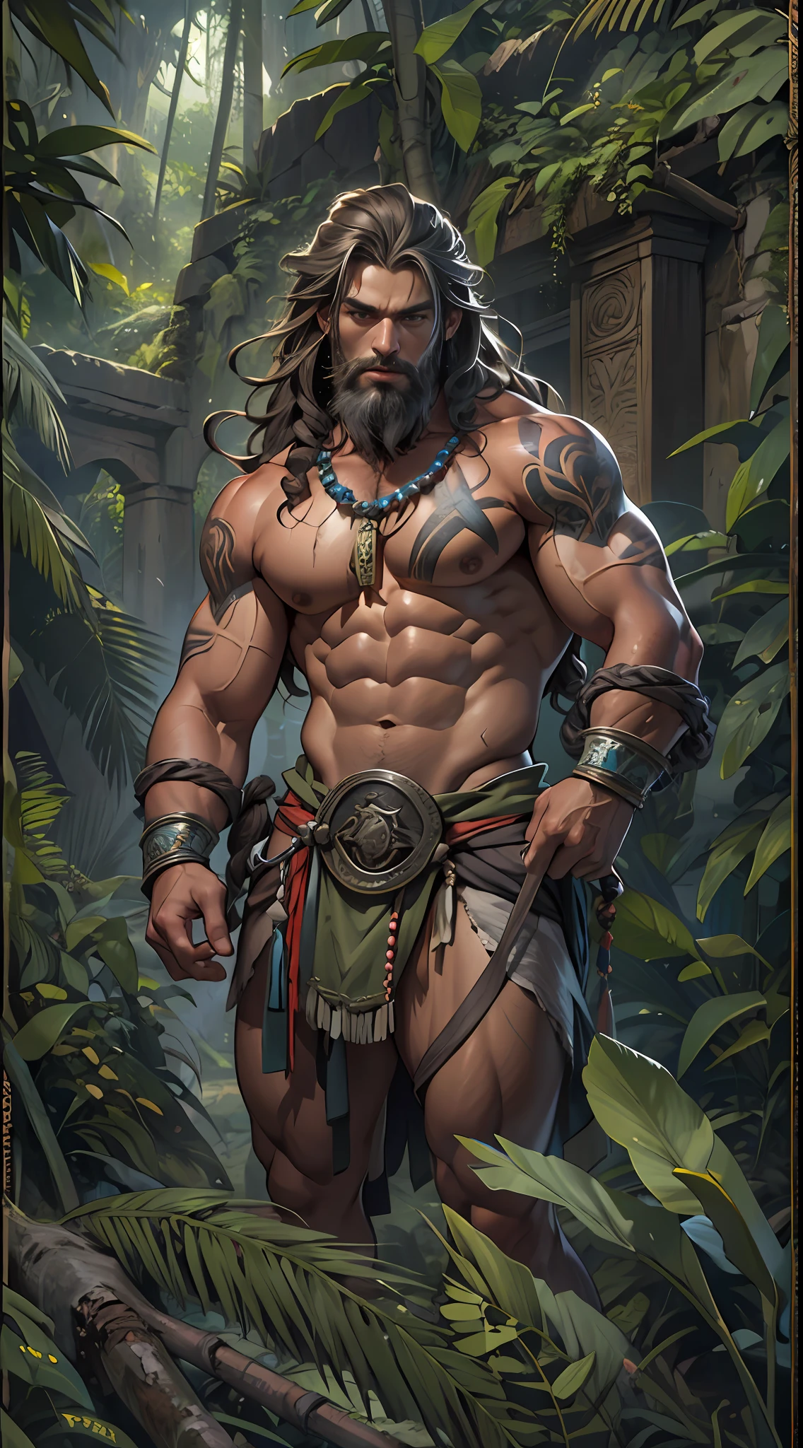 Muscular barbarian, partially upper body, lower body uncovered from thighs to feet, bearded with beads, long flowing curls, intricate muscular details, photorealistic artwork, 4K quality. Background: Dense jungle with ancient ruins,32k uhd, best quality, masterpiece, super detail, high details