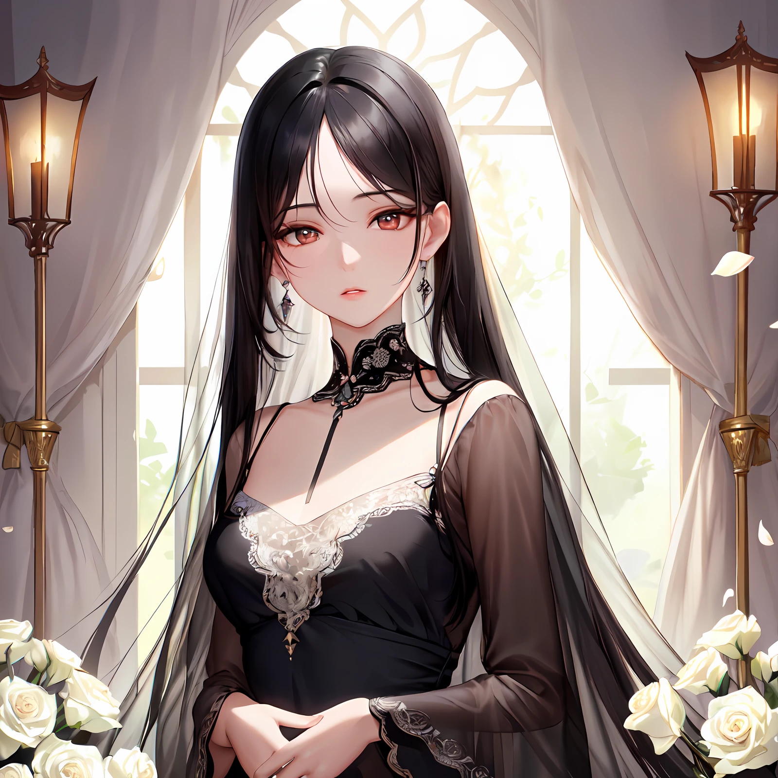 Masterpiece,4K,Ultra detail,A high resolution, Long black hair. Exquisite appearance, Wear a light white dress, Bright almond eyes, The body is delicate and soft, The lips are as tender as petals,Villa background