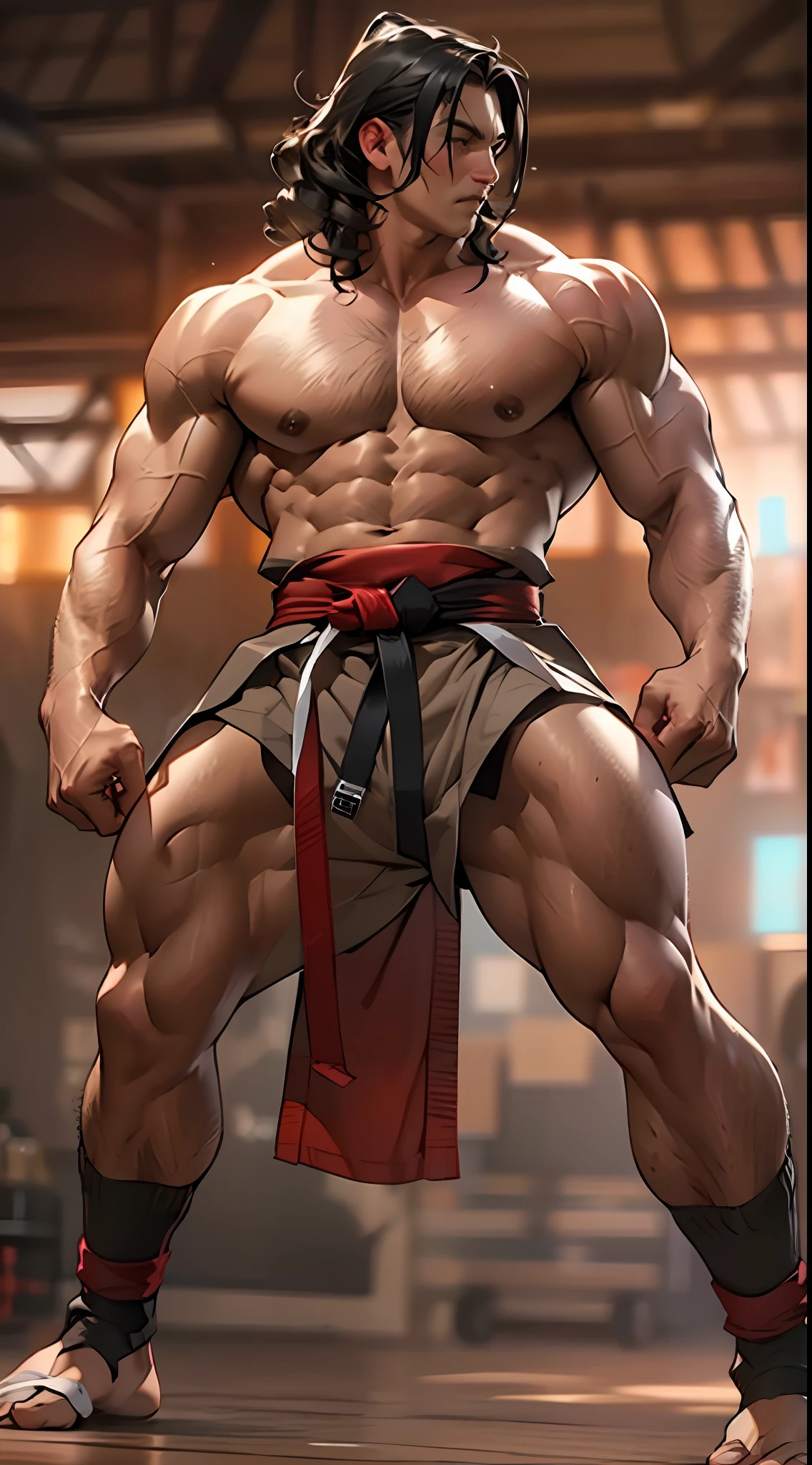 Mighty fighter, chest exposed, lower body unclothed from thighs to feet, flowing long curls, detailed muscular physique, photorealistic depiction, 4K resolution. Background: Martial arts dojo,32k uhd, best quality, masterpiece, super detail, high details