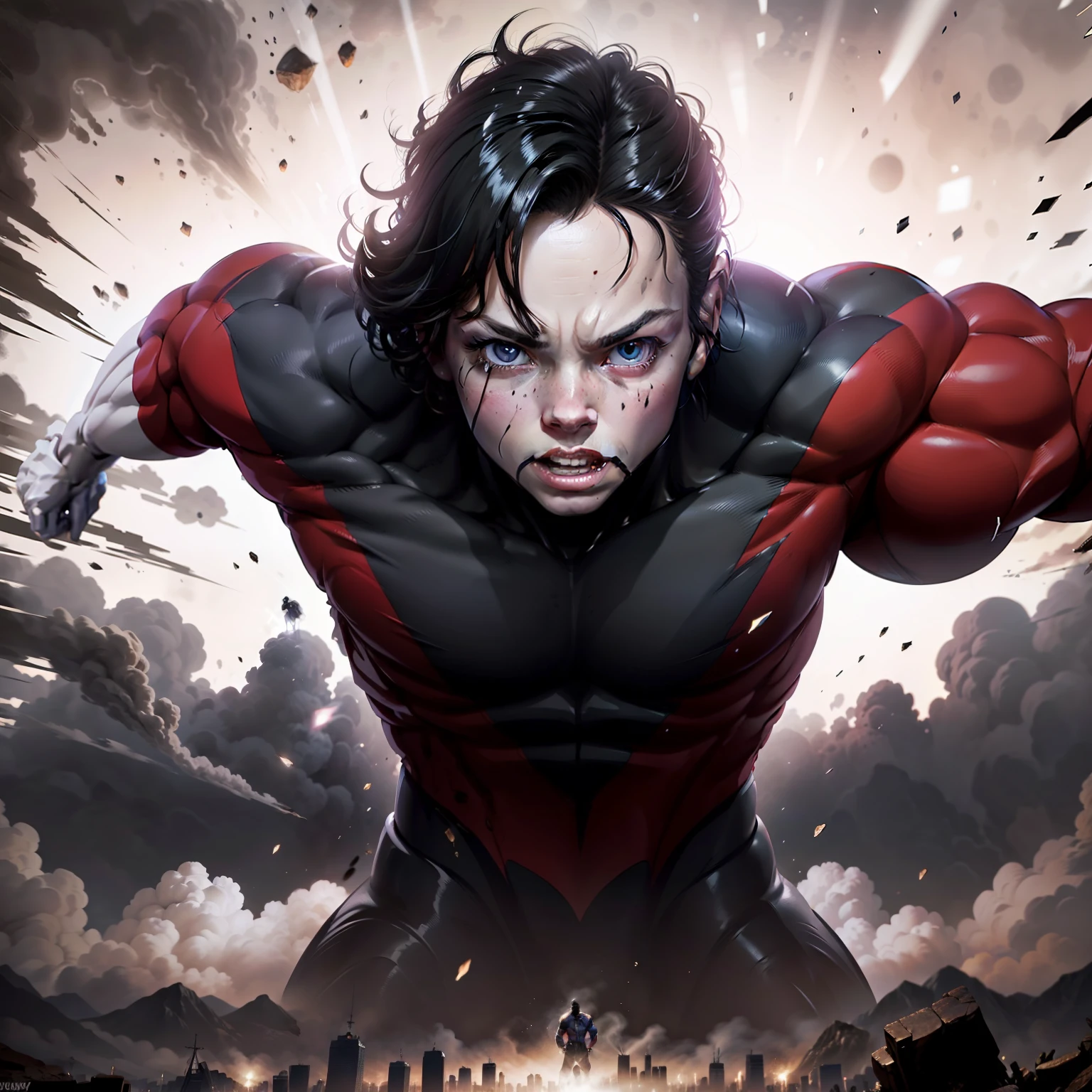 Powerful energy field, Un paisaje urbano en ruinas y desolado con escombros y escombros ensuciando el suelo, The superman is floating over the city, with a powerful energy field emanating from your entire body, The atmosphere is gloomy and desperate, with a sense of destruction and devastation. Front view, Perspectiva en profundidad. Es un dibujo al carboncillo, Illustration by Moebius and Brom, extremadamente detalles, extremadamente detallado, Ojos extremadamente detallados, Cara extremadamente detallada, Luz natural, highest qualityr, Obra maestra, Mejor sombra, Pro Lighting, physically based representation, Perfect body of high detail in high resolution, Perfect face of high detail in high resolution, Perfect high-detail eyes in high resolution, Perfect nose of high detail in high resolution, Perfect mouth of high detail in high resolution, Perfect teeth of high detail in high resolution, Perfect hair of high detail in high resolution
