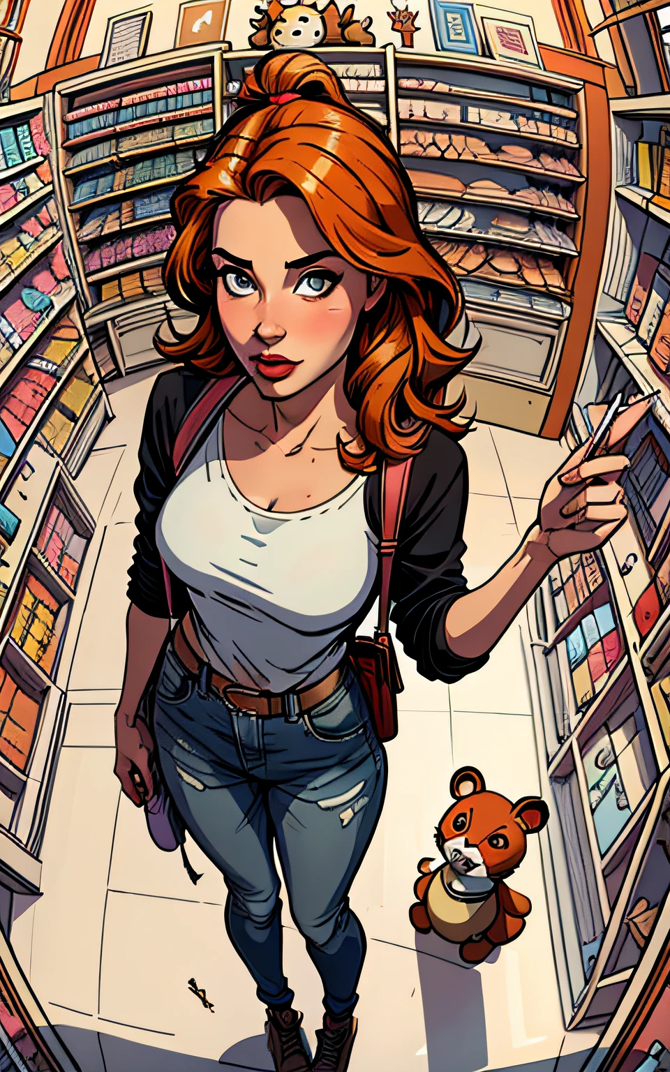 masterpiece, best quality, high detailed, colorful, from above, solo, realistic, girl standing in a store with lots of stuffed animals on the shelves and a bag of stuff, hazel eyes, fisheye lens