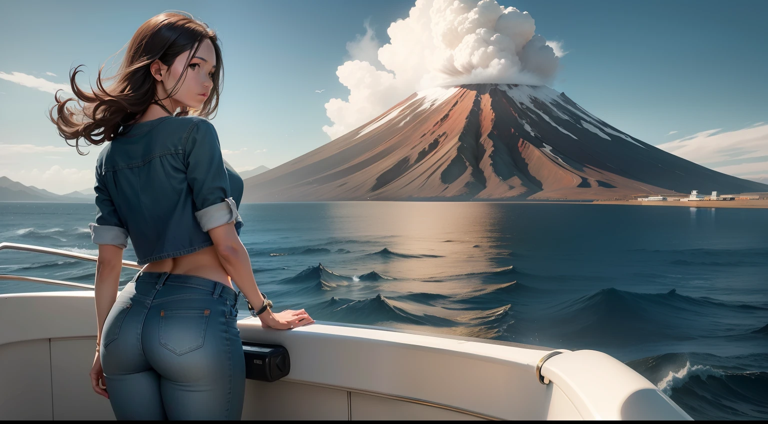 vessels,mtu,woman,On the boat,denim pant,Jumpy,back to look back,wind blown,Volcanoes in the distance