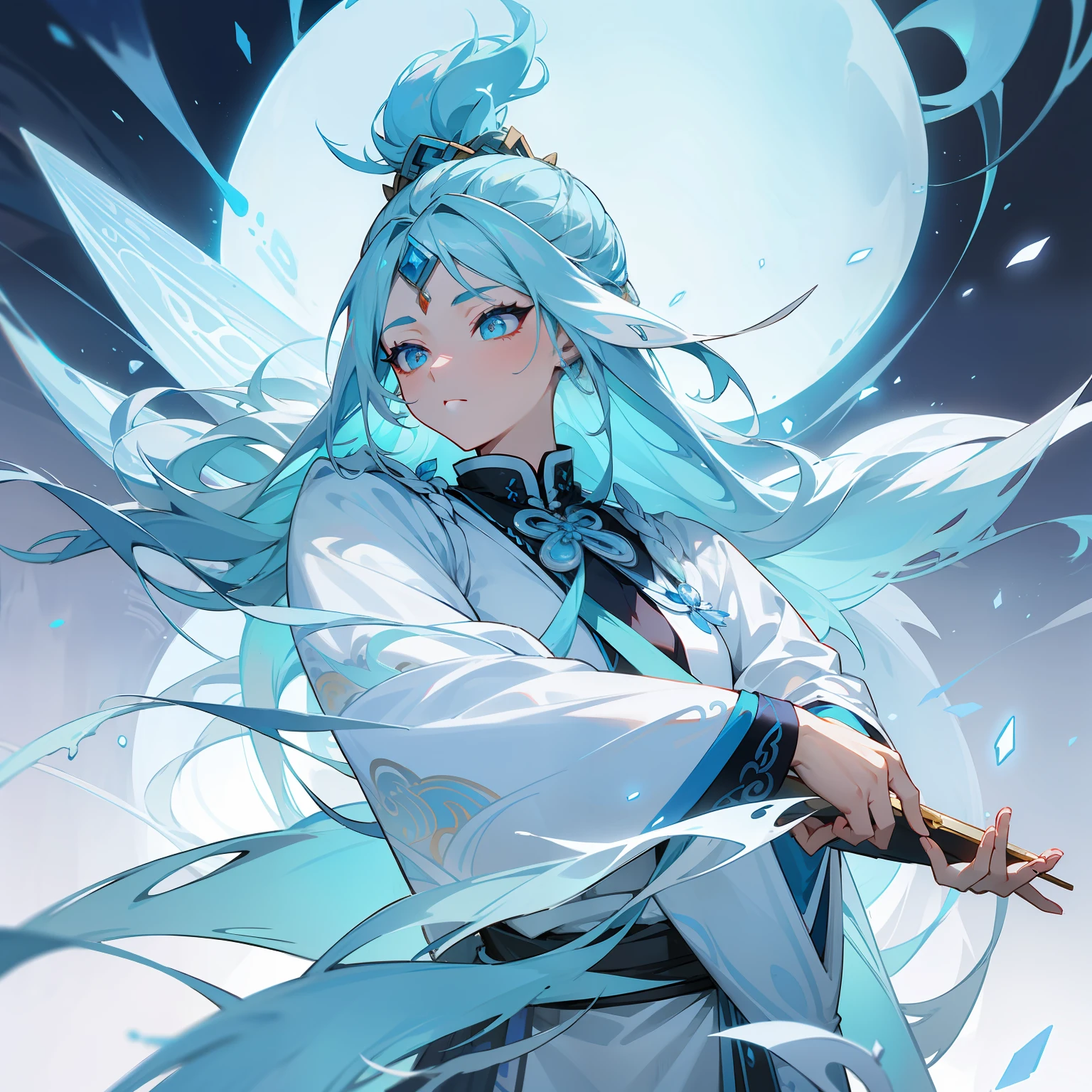Mythological elements,Epic background,Kizi,Long ice blue hair,Traditional Chinese luxury clothing,ice element,Ice storm background,atarctive