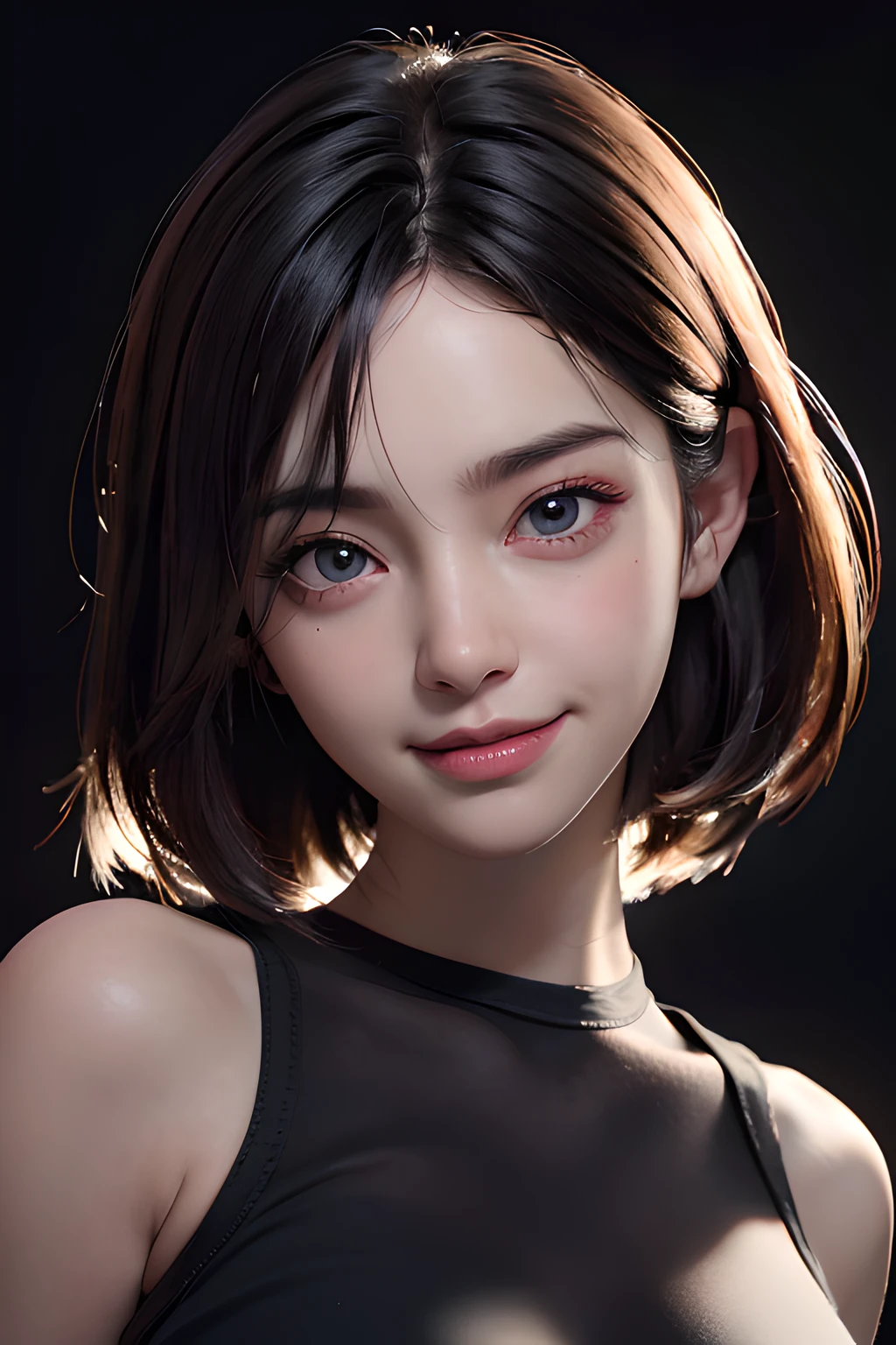 (Ultra Real), (High Resolution), (8K), (Very Detailed), (Beautiful Detailed Eyes), (Best Quality), (Ultra Detailed), (Masterpiece), (Wallpaper), (Detailed Face), Night, Upper Body Up, Smile, Simple Pink Tank Top Girl, kpop, 1girl, in the dark, deep shadow, low key, cowboy shot, black hair, bob hair