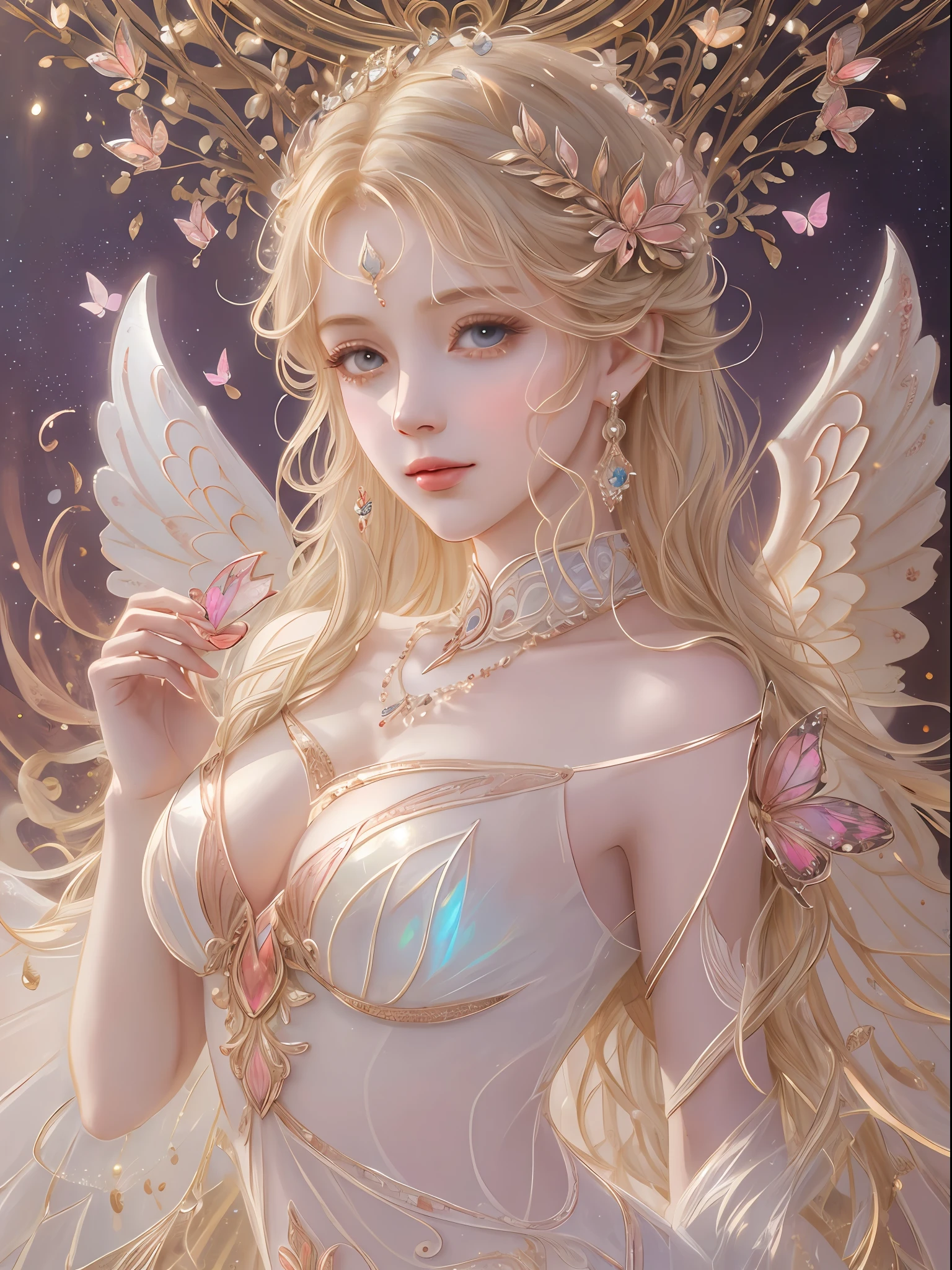 Holy Light Butterfly Angel Girl,Butterfly wings,Chest shooting(mcu),in the style of rococo pastel hues,light white and light red,glitters,holograph,Incredibly beautiful,SakuraNS,sparkling water reflections,combine,Flowing,hyper realisitc,painting of a,aethereal,Elsa Burda,stockphoto,Elements of mixed reality and fantasy,Ray traching,Intricate patterns,delicate linework,Pressed crystals,Reflectors,Gradient,Covered with,Grand,glittery,Exquisite hands,Good anatomy,Beautiful lighting,Photorealistic, Realistic shadows, Realistic lighting, Beautiful lighting, Ray traching, Intricate details, Masterpiece, Bokeh, Extremely detailed,