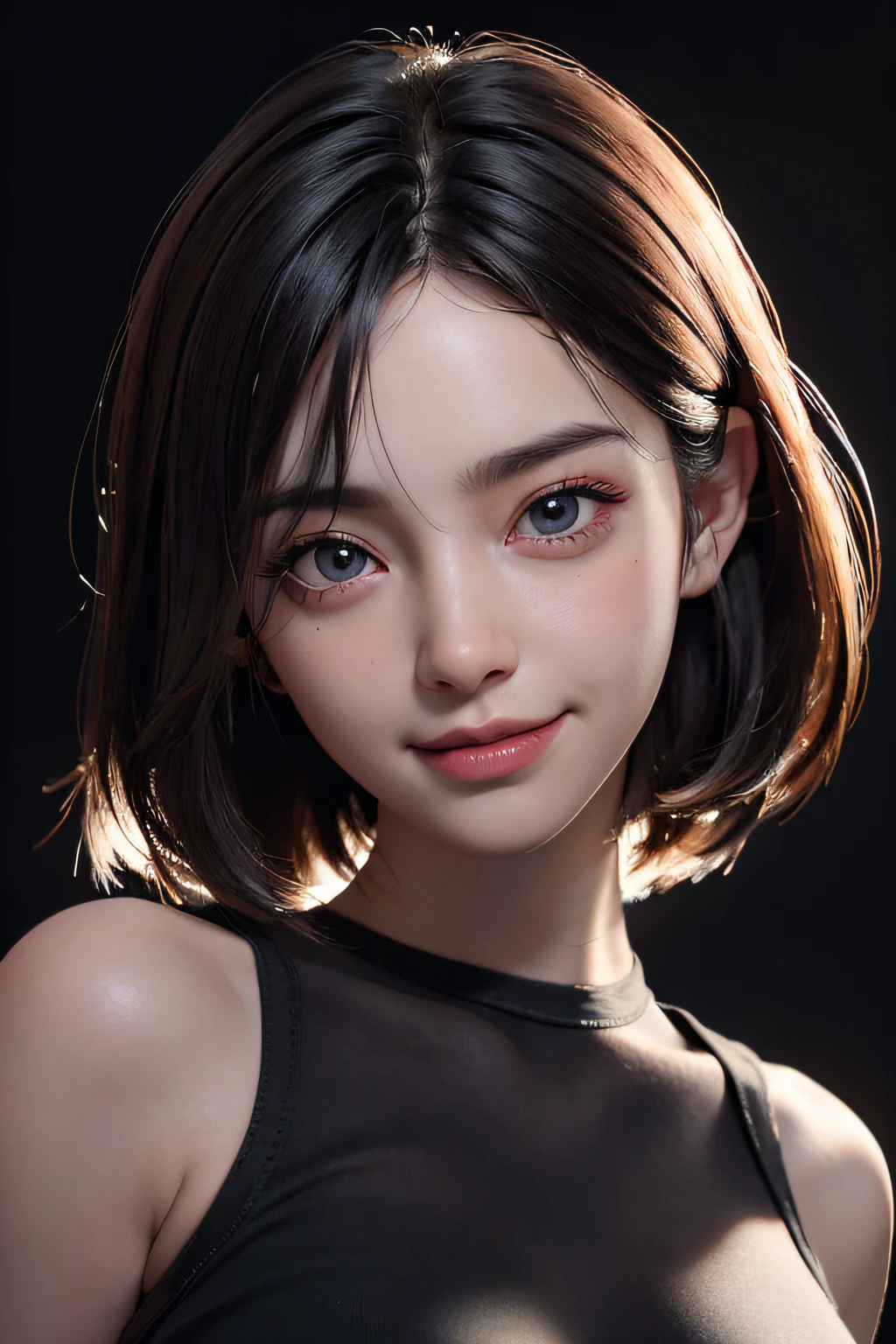 (Ultra Real), (High Resolution), (8K), (Very Detailed), (Beautiful Detailed Eyes), (Best Quality), (Ultra Detailed), (Masterpiece), (Wallpaper), (Detailed Face), Night, Upper Body Up, Smile, Simple Pink Tank Top Girl, kpop, 1girl, in the dark, deep shadow, low key, cowboy shot, black hair, bob hair