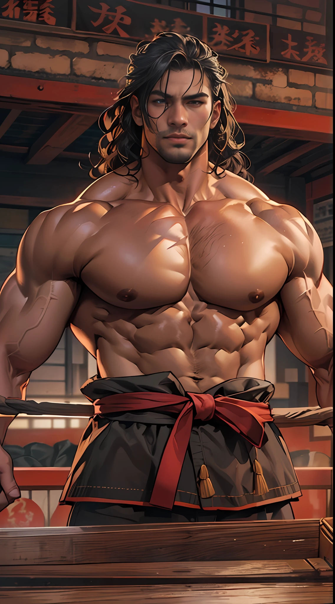 Mighty fighter, chest exposed, lower body unclothed from thighs to feet, flowing long curls, detailed muscular physique, photorealistic depiction, 4K resolution. Background: Martial arts dojo,32k uhd, best quality, masterpiece, super detail, high details