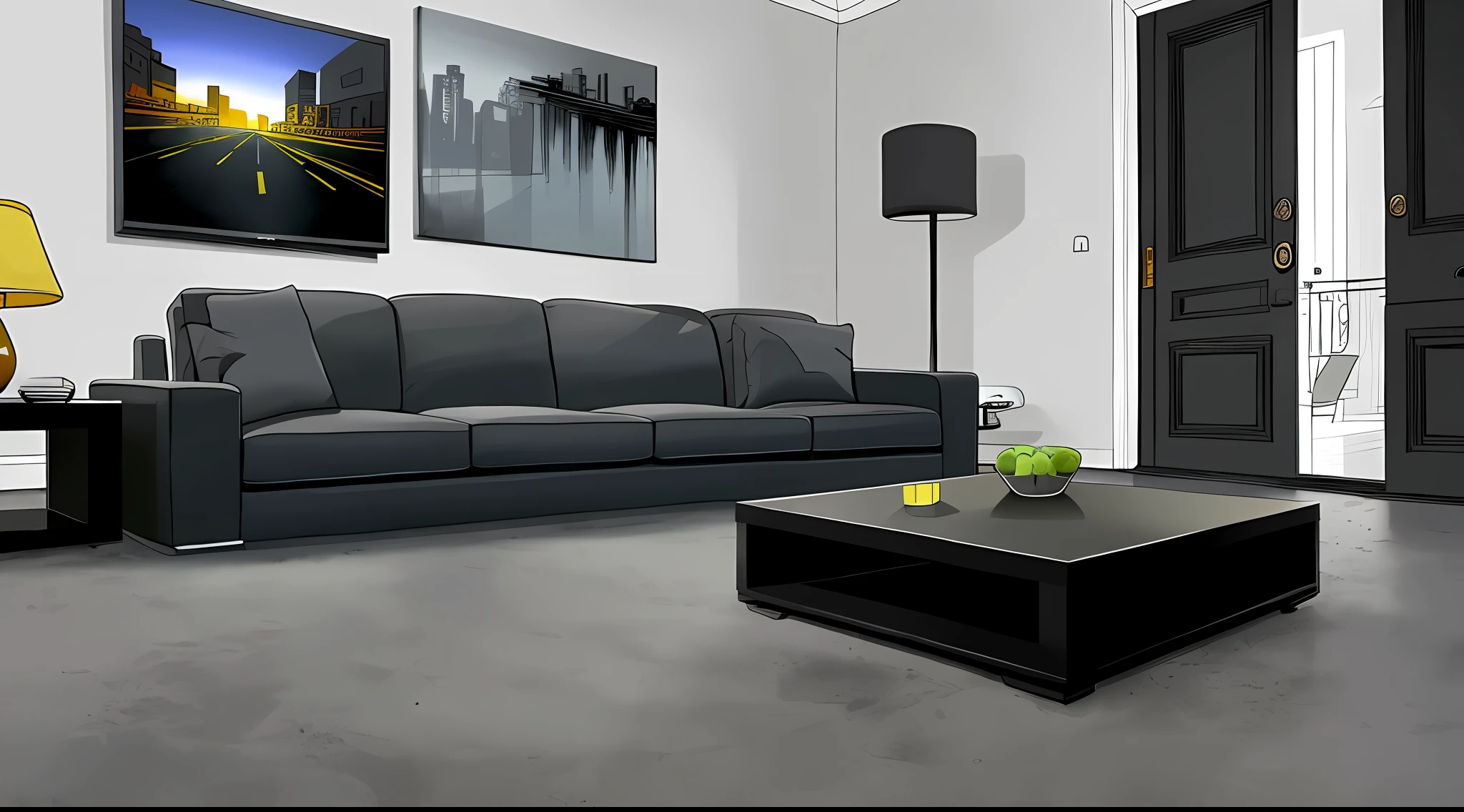 living room interior, Grey floor,Black sofa,Black coffee table, 8K, hyper HD, tmasterpiece, highest quality