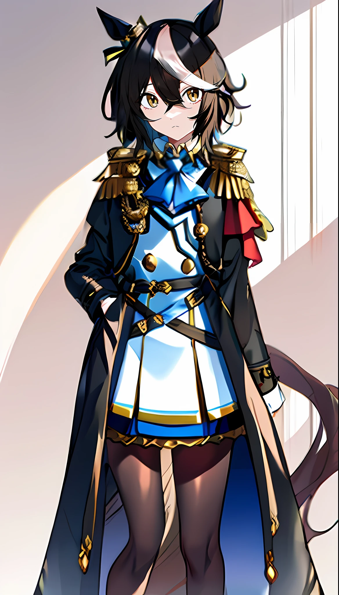 Masterpiece, Best quality,Black color hair，White pick dye，Brown tunic，White shirt，Gold eyes，Horse Ears，She has a blue bow tied around her neck，The shirt，Brown tunic，A girl with horse ears and a tail，Wear an overcoat with gold details，black over-the-knee socks