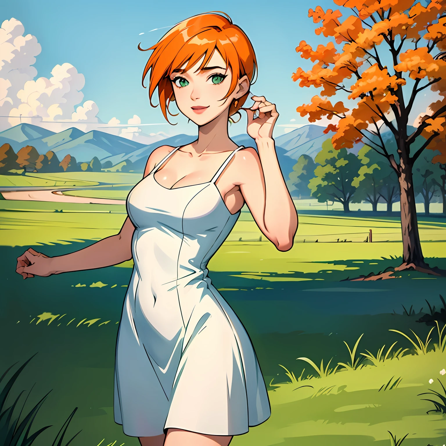 (vivid colors)(cowboy shot), trees, green grass, hills looking at viwer, park, blue sky, clear view of the sky,posing, different poses, ((white sundress dress)), vogue magazine, modeling(masterpiece), (best quality:1.0), (ultra highres:1.0), detailed eyes,
Gwen10000 1girl, bangs, orange hair, green eyes,smile ,